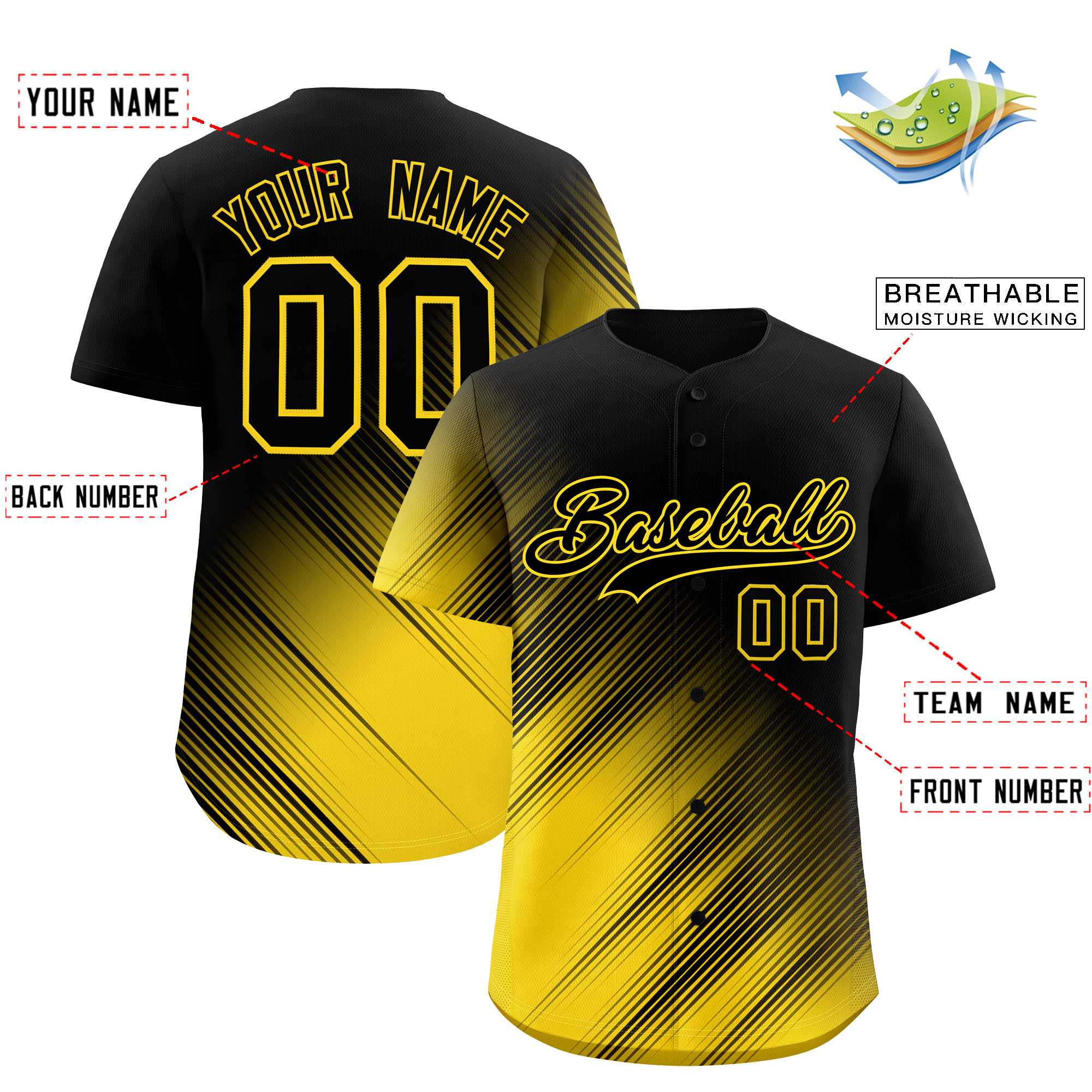 Custom Black Gold Diagonal Stripe Personalized Gradient Fashion Baseball Jersey