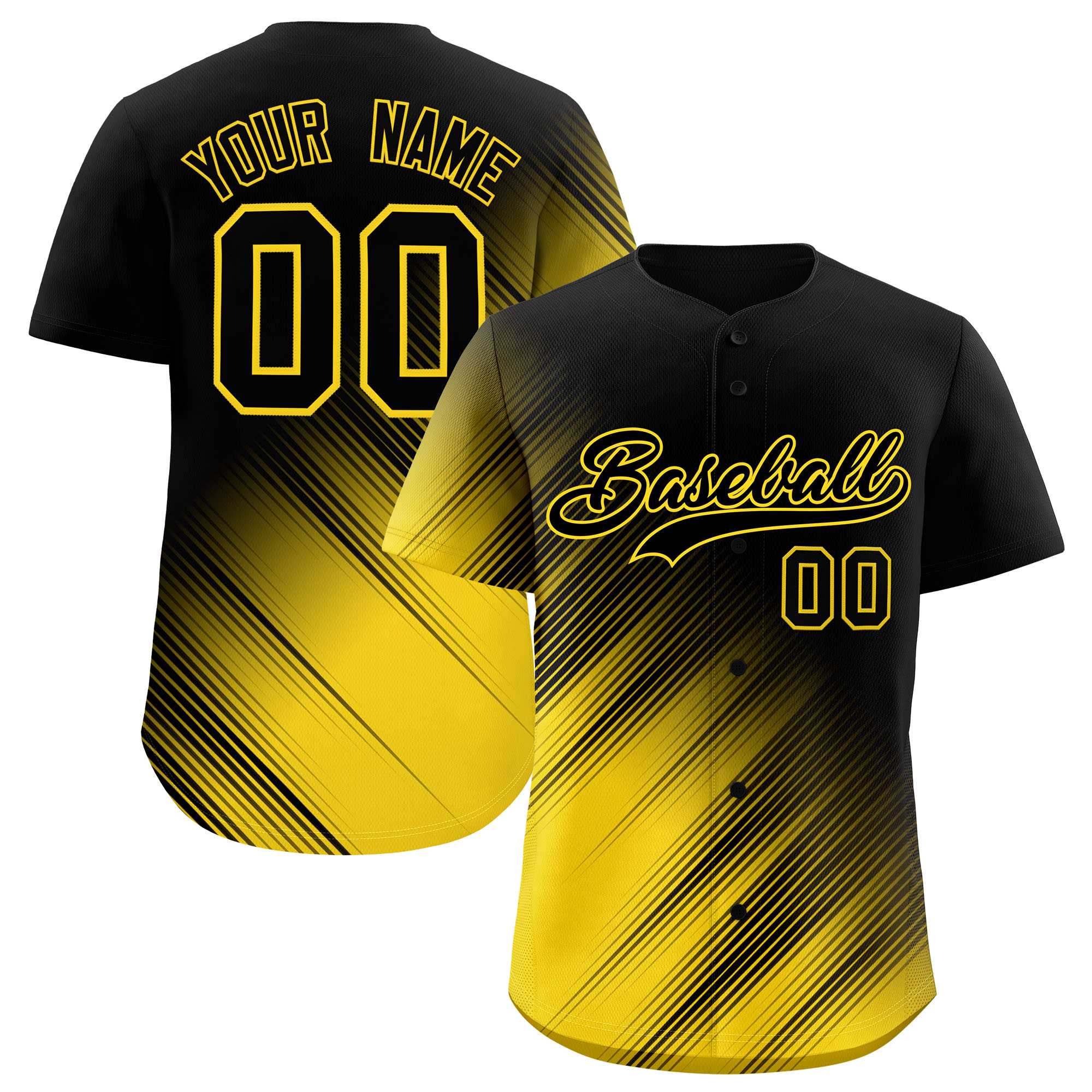 Custom Black Gold Diagonal Stripe Personalized Gradient Fashion Baseball Jersey
