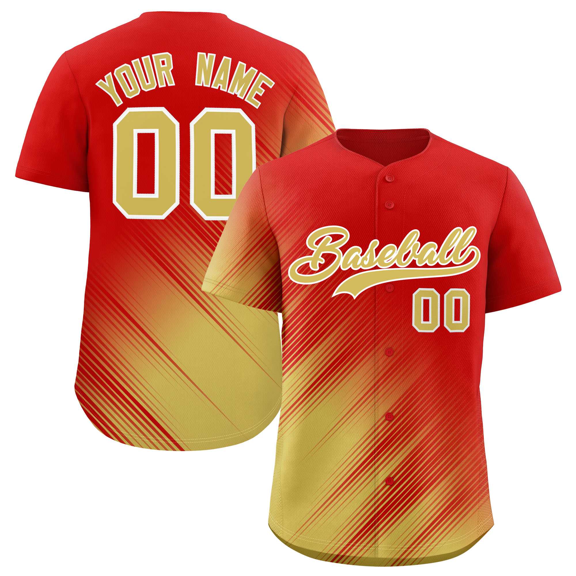 Custom Red Old Gold Diagonal Stripe Personalized Gradient Fashion Baseball Jersey