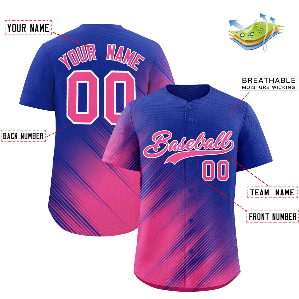 Custom Royal Pink Diagonal Stripe Personalized Gradient Fashion Baseball Jersey