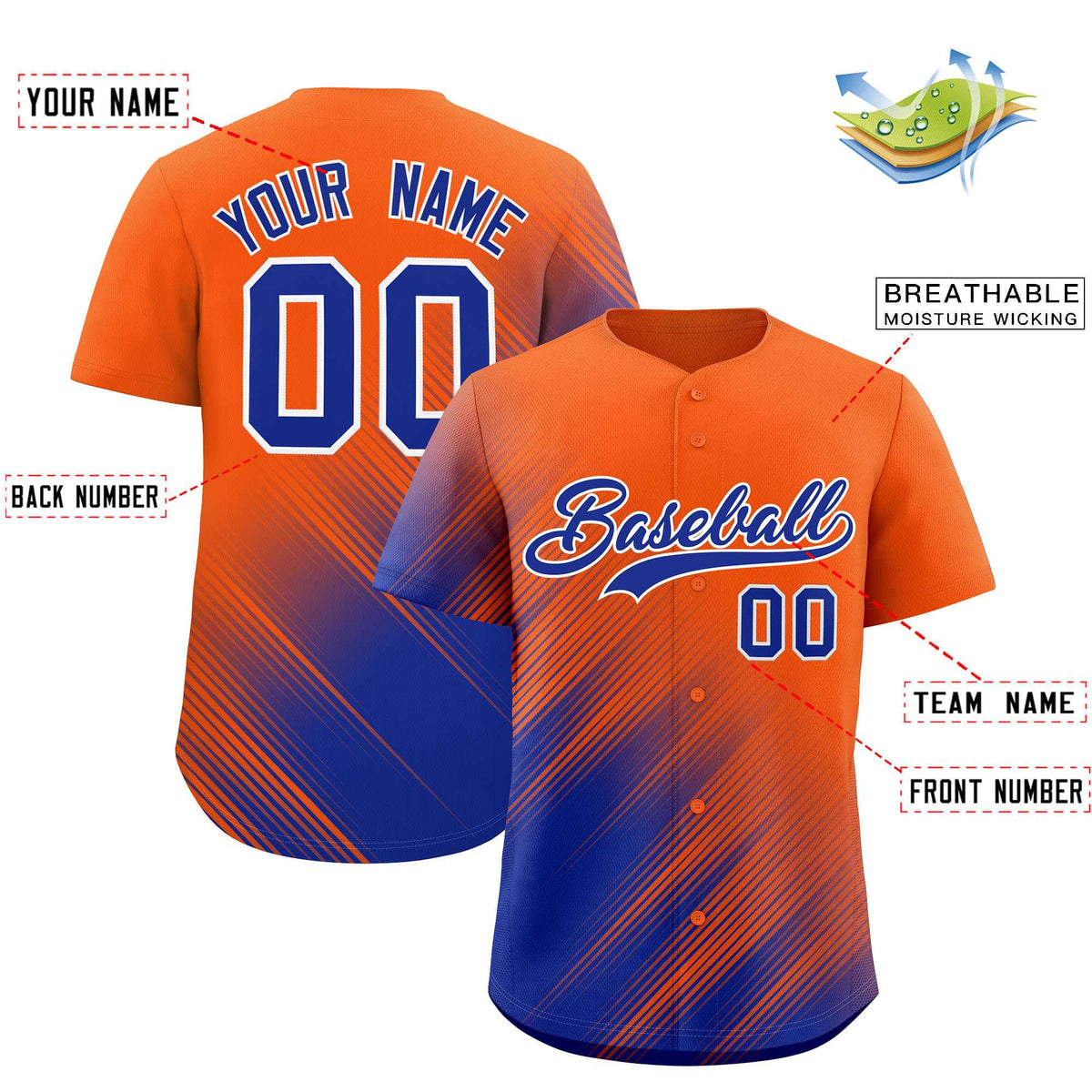 Custom Orange Royal Diagonal Stripe Personalized Gradient Fashion Baseball Jersey