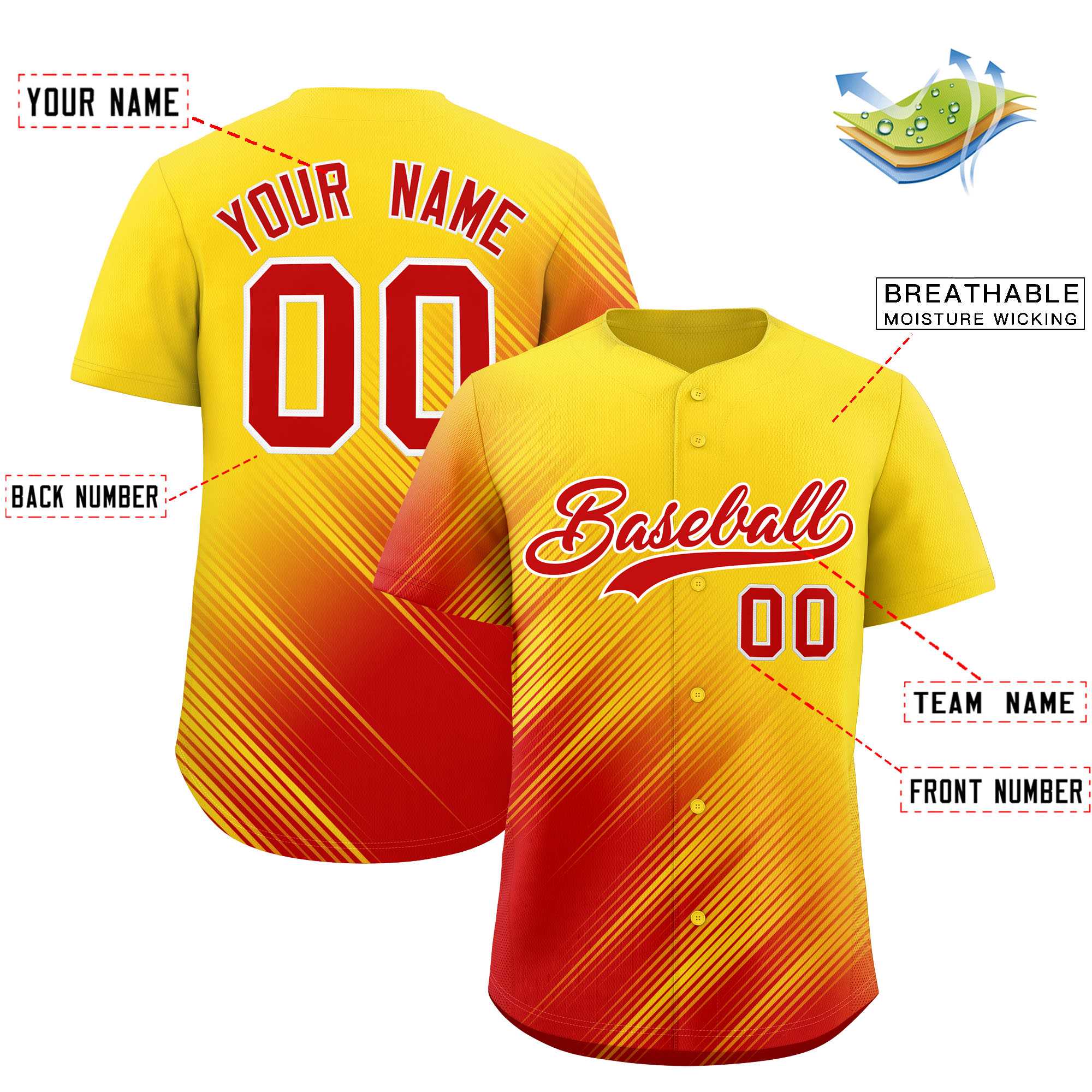 Custom Gold Red Diagonal Stripe Personalized Gradient Fashion Baseball Jersey