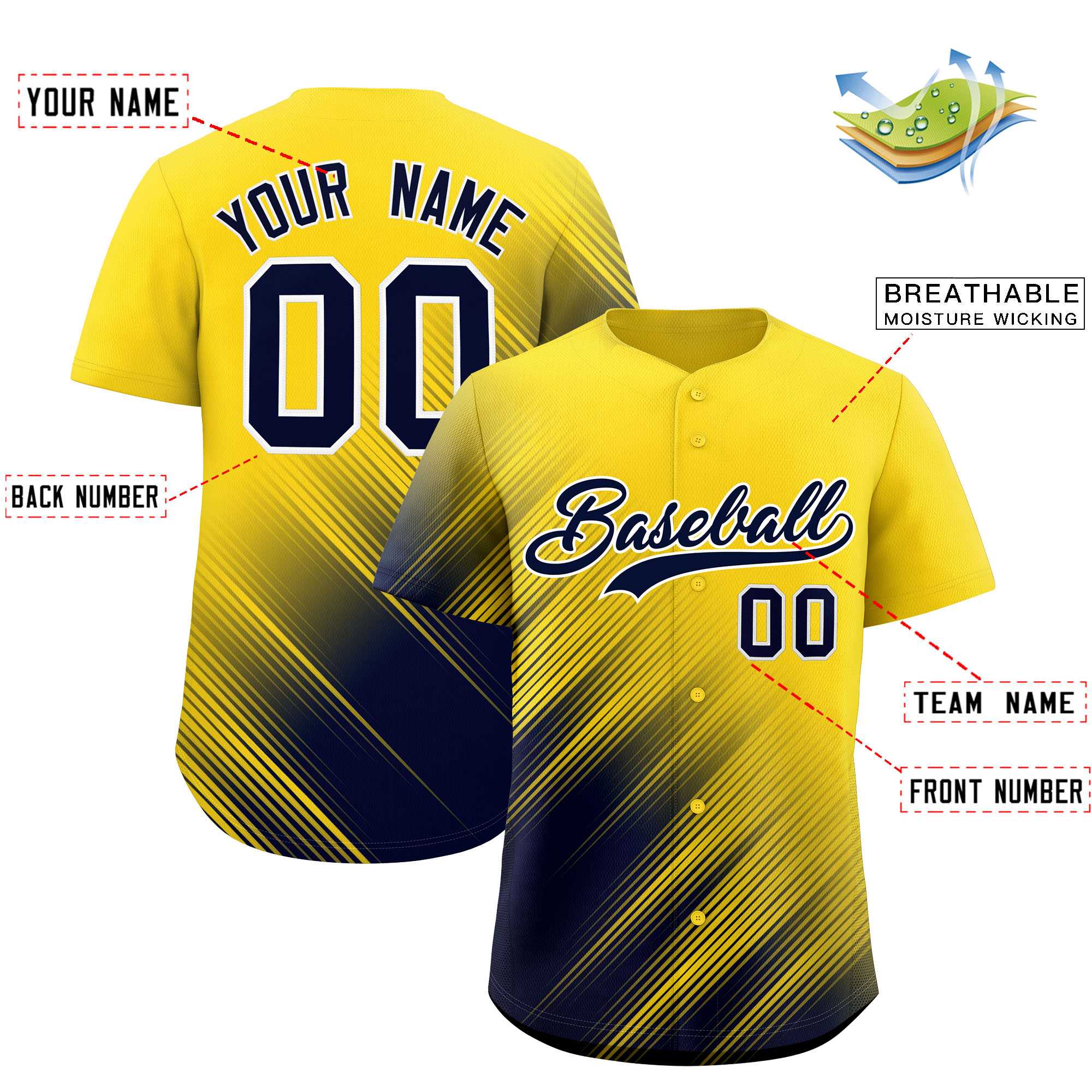 Custom Gold Navy Diagonal Stripe Personalized Gradient Fashion Baseball Jersey