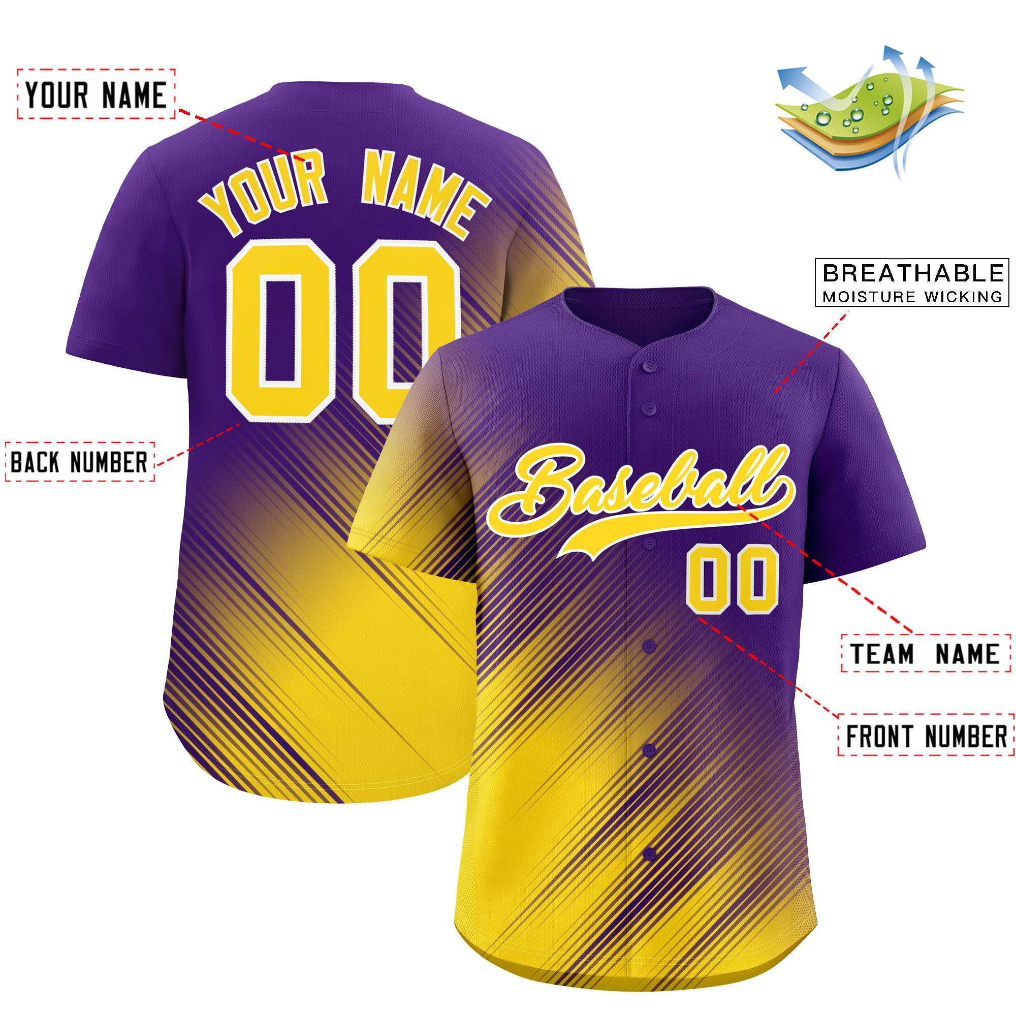 Custom Purple Gold Diagonal Stripe Personalized Gradient Fashion Baseball Jersey
