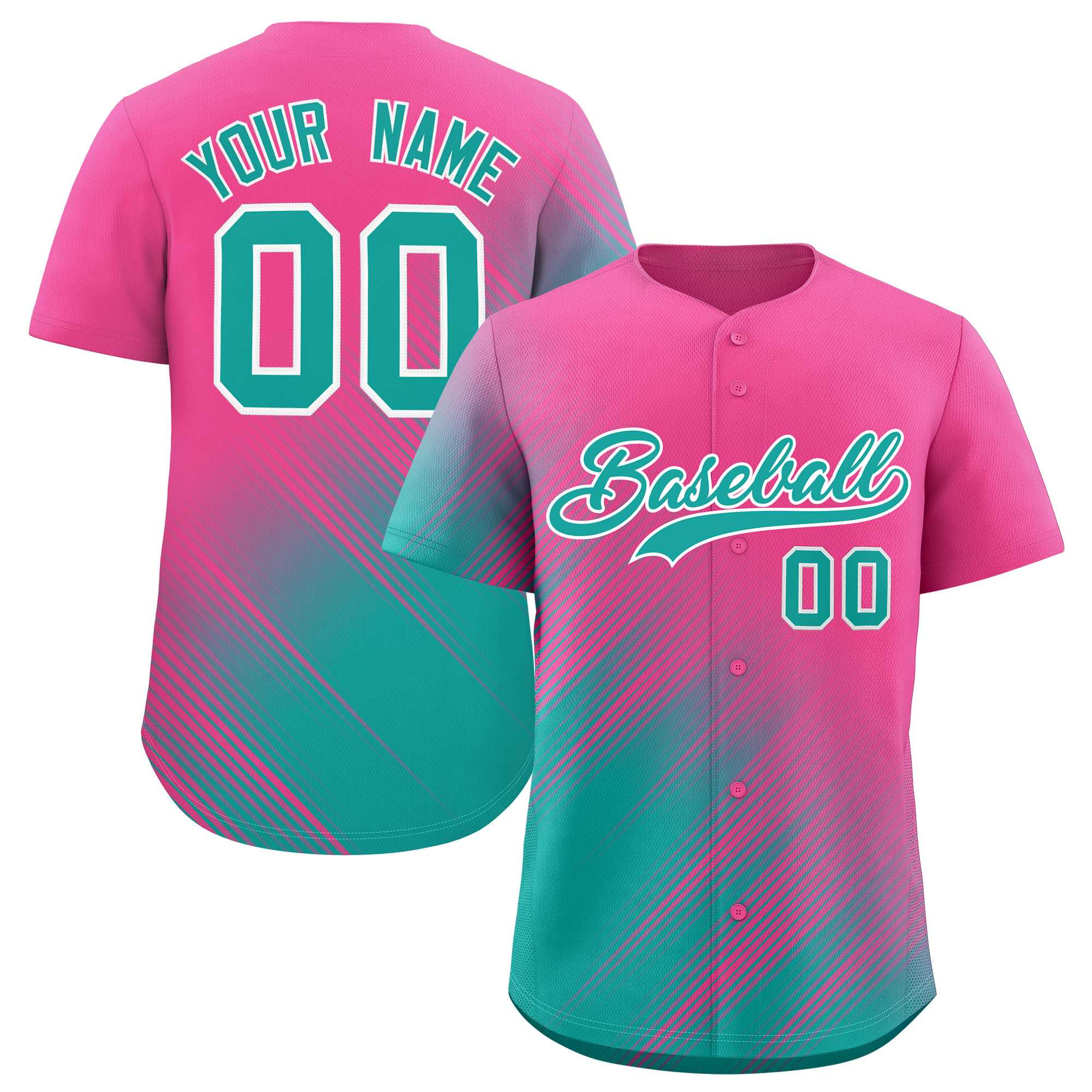 Custom Pink Aqua Diagonal Stripe Personalized Gradient Fashion Baseball Jersey