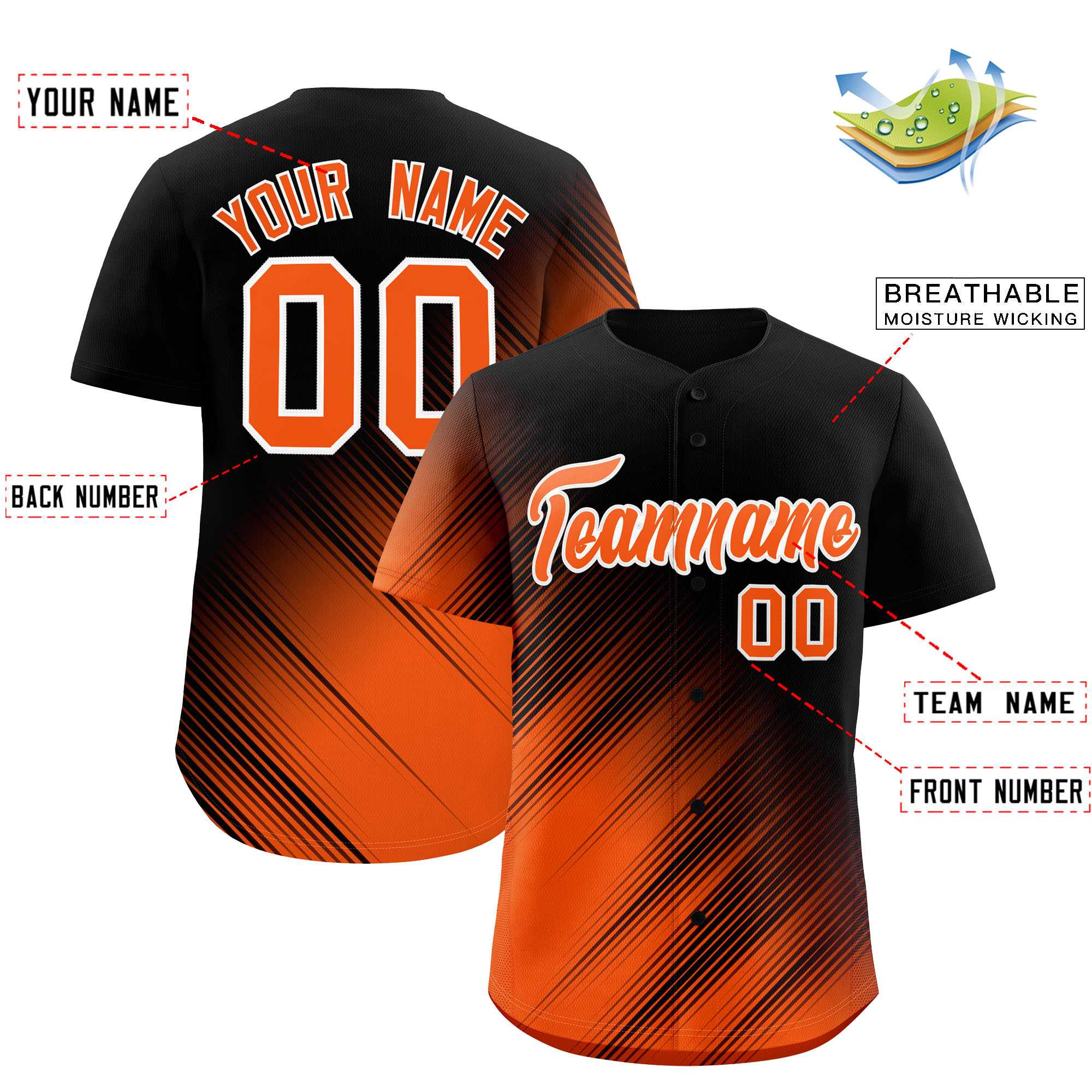 Custom Black Orange Diagonal Stripe Personalized Gradient Fashion Baseball Jersey