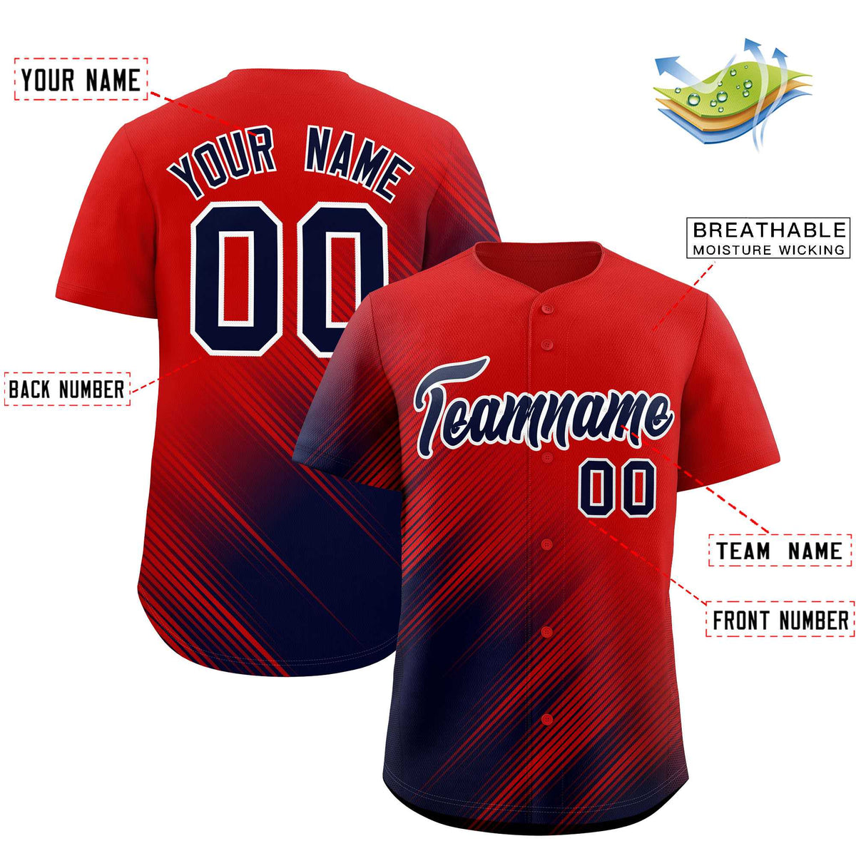 Custom Red Navy Diagonal Stripe Personalized Gradient Fashion Baseball Jersey