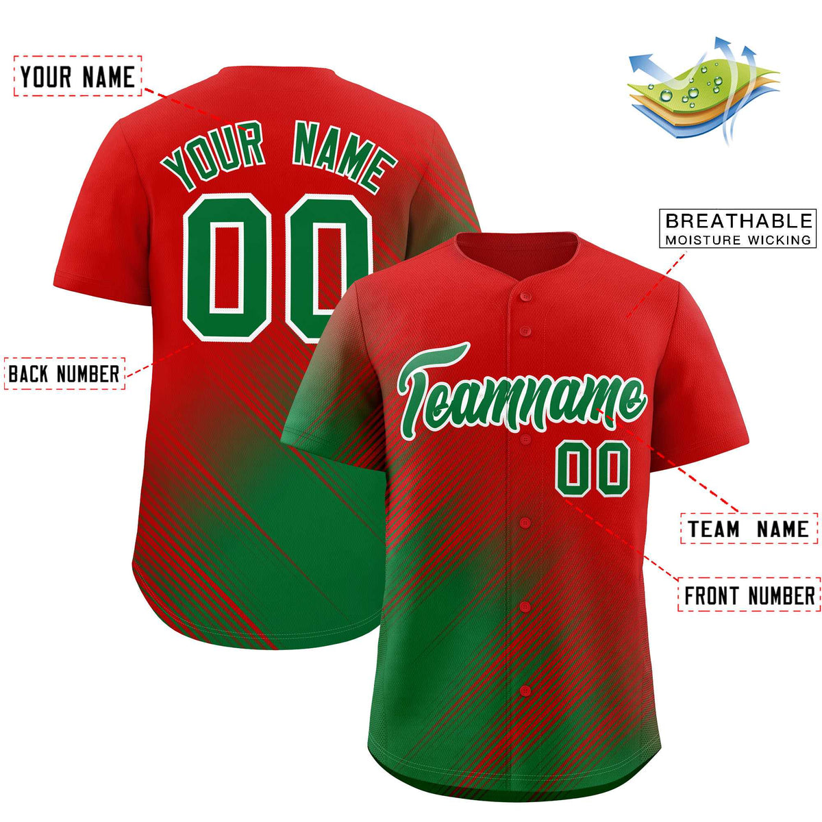 Custom Red Kelly Green Diagonal Stripe Personalized Gradient Fashion Baseball Jersey