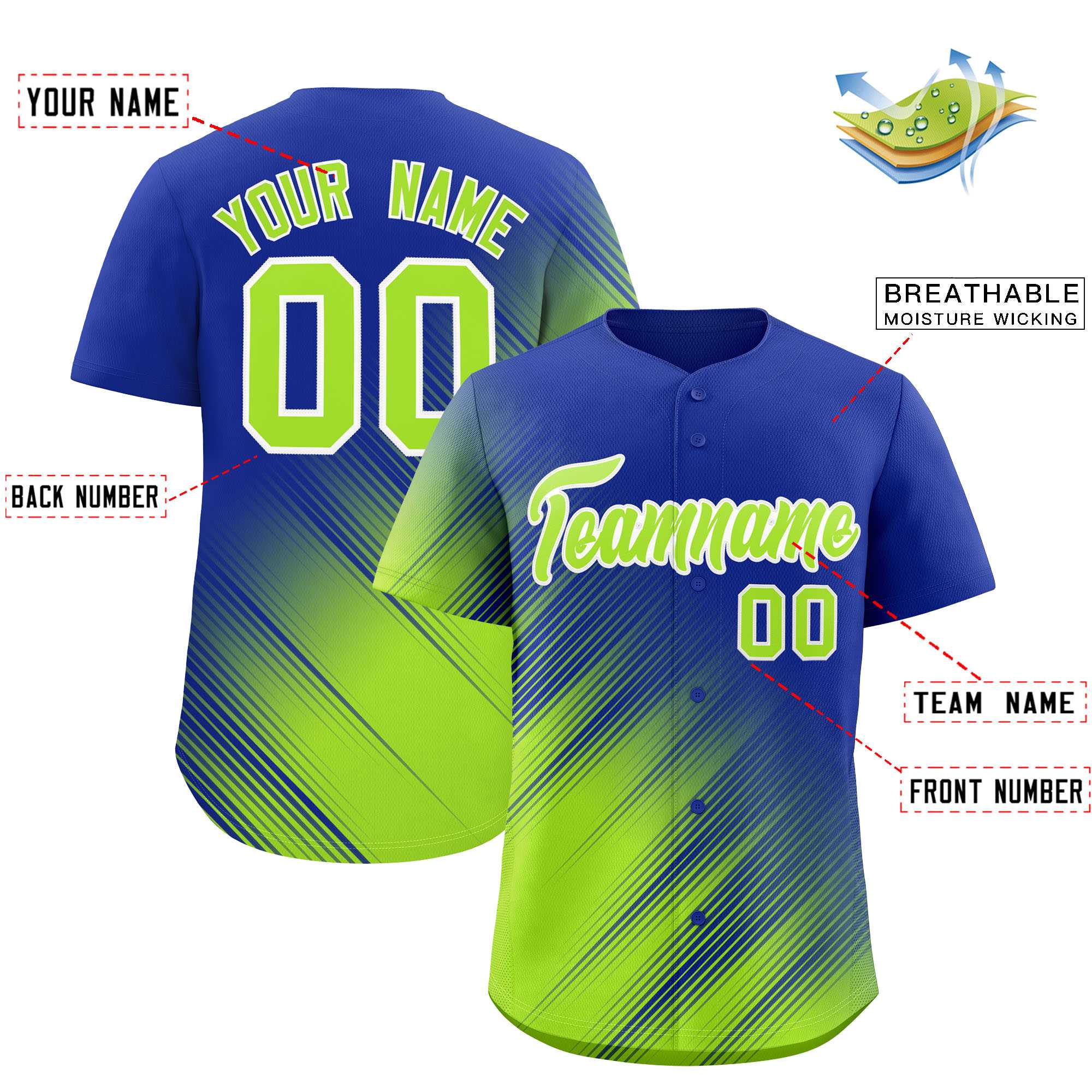 Custom Royal Neon Green Diagonal Stripe Personalized Gradient Fashion Baseball Jersey