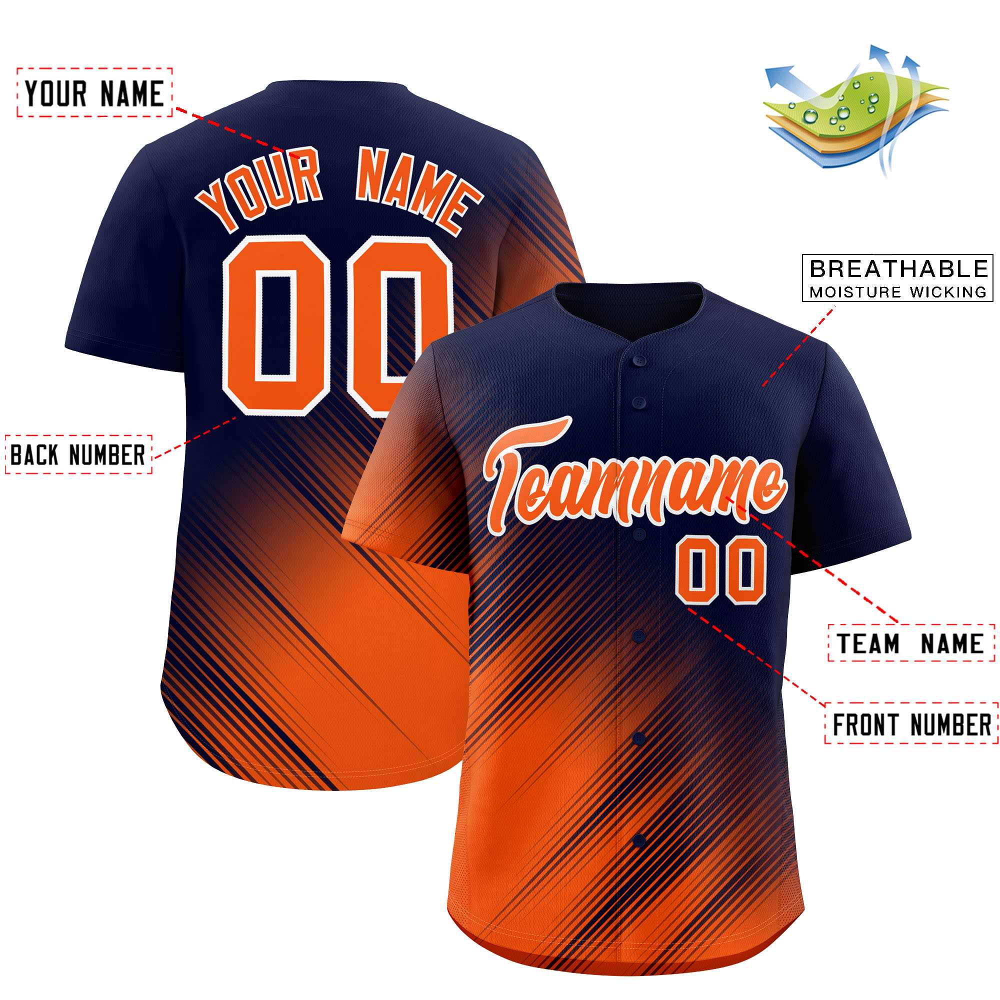 Custom Navy Orange Diagonal Stripe Personalized Gradient Fashion Baseball Jersey