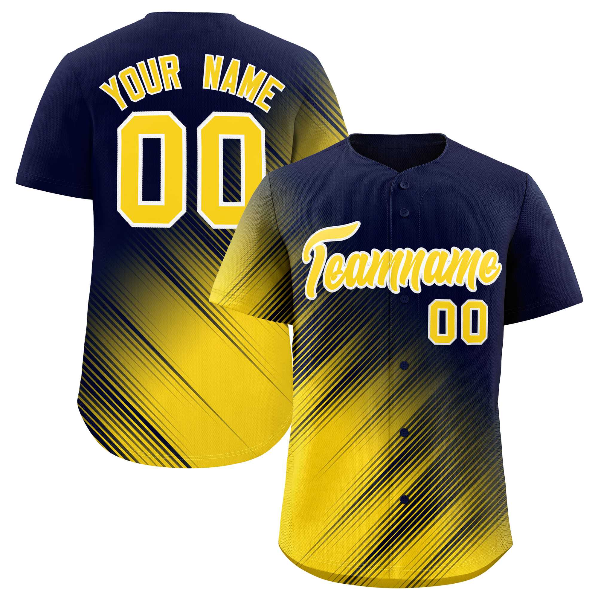 Custom Navy Gold Diagonal Stripe Personalized Gradient Fashion Baseball Jersey