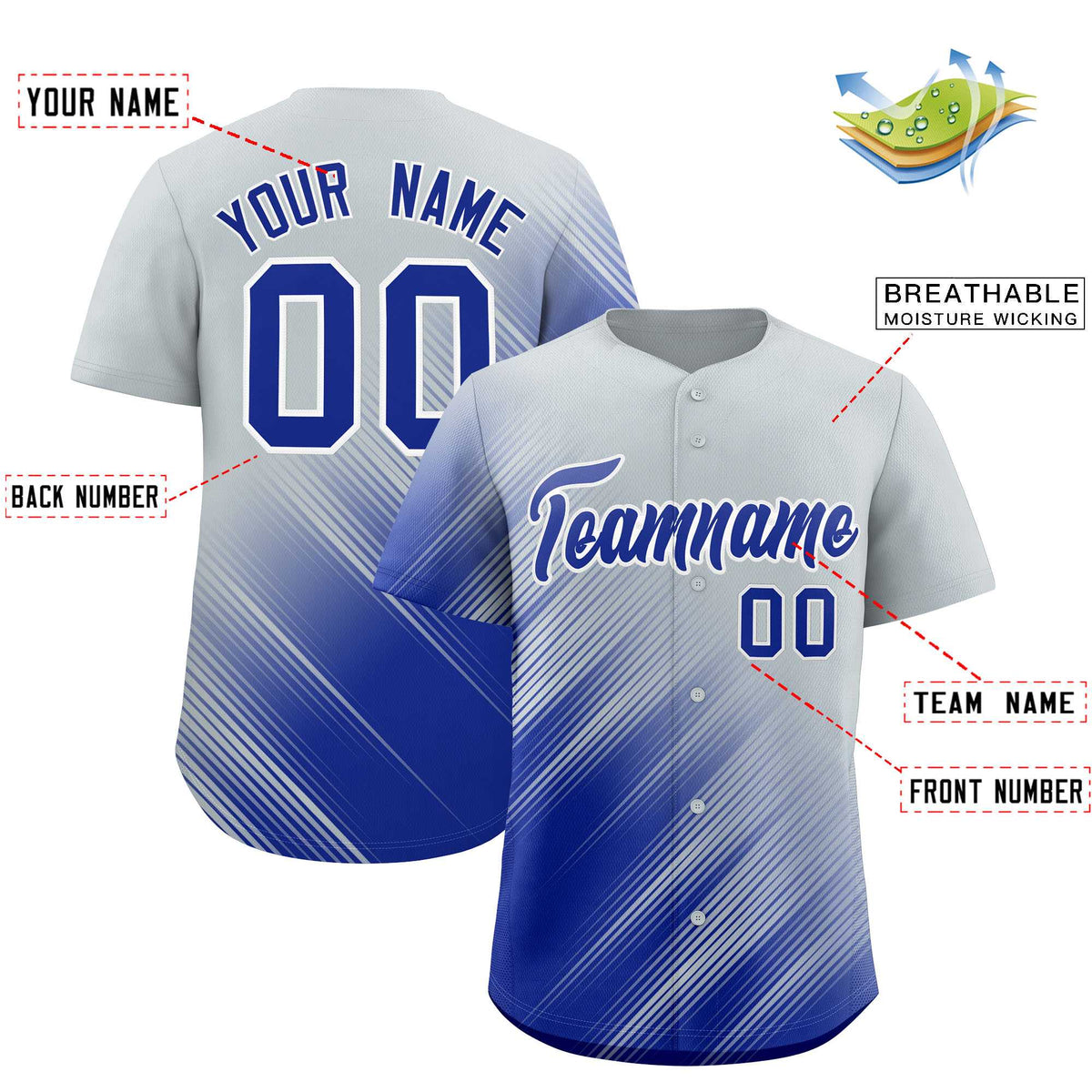 Custom Silver Royal Diagonal Stripe Personalized Gradient Fashion Baseball Jersey