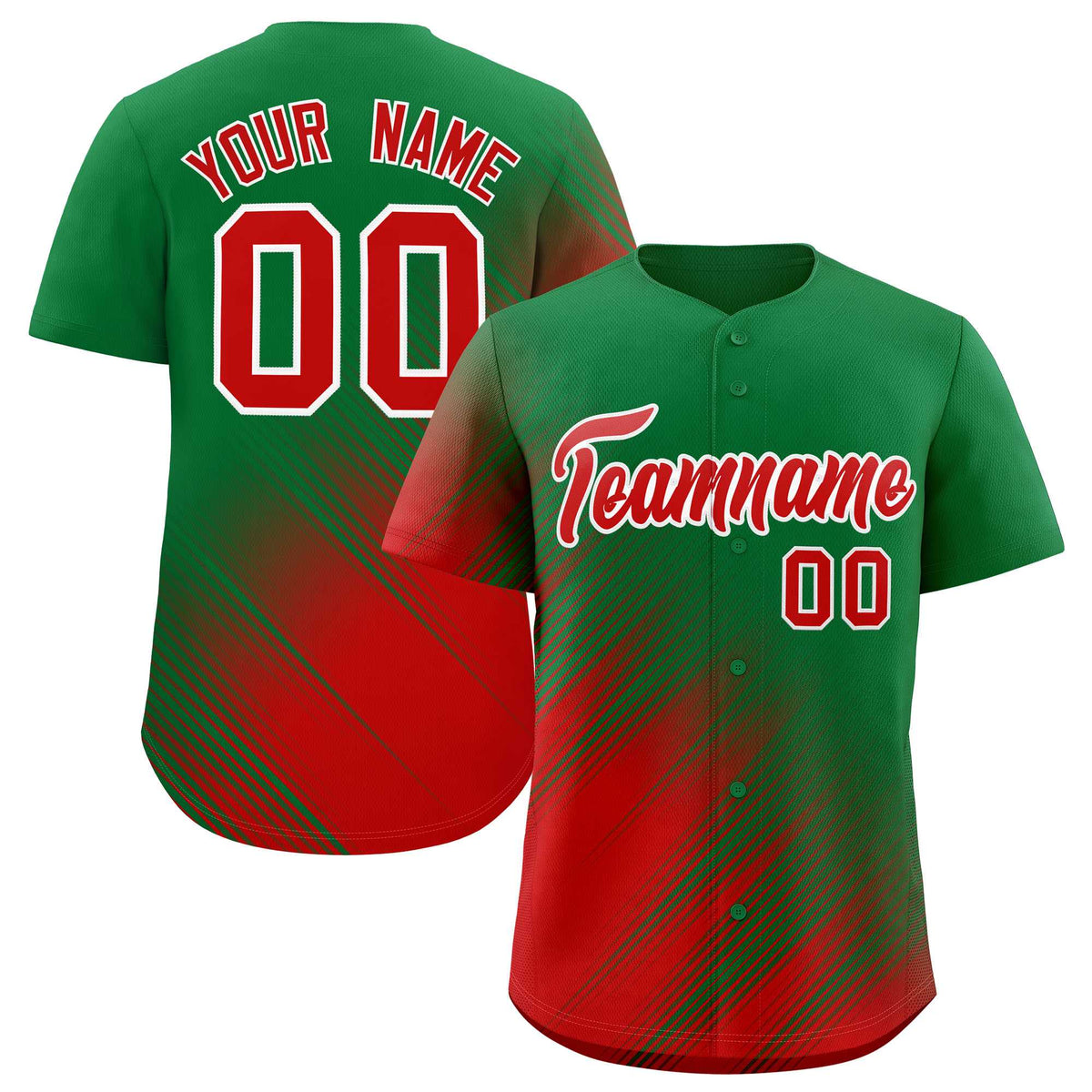 Custom Kelly Green Red Diagonal Stripe Personalized Gradient Fashion Baseball Jersey