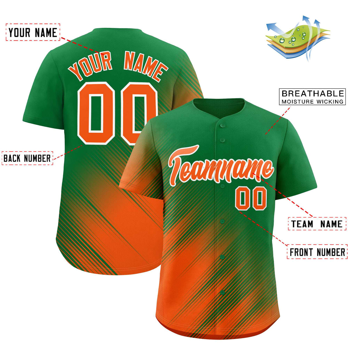 Custom Kelly Green Orange Diagonal Stripe Personalized Gradient Fashion Baseball Jersey