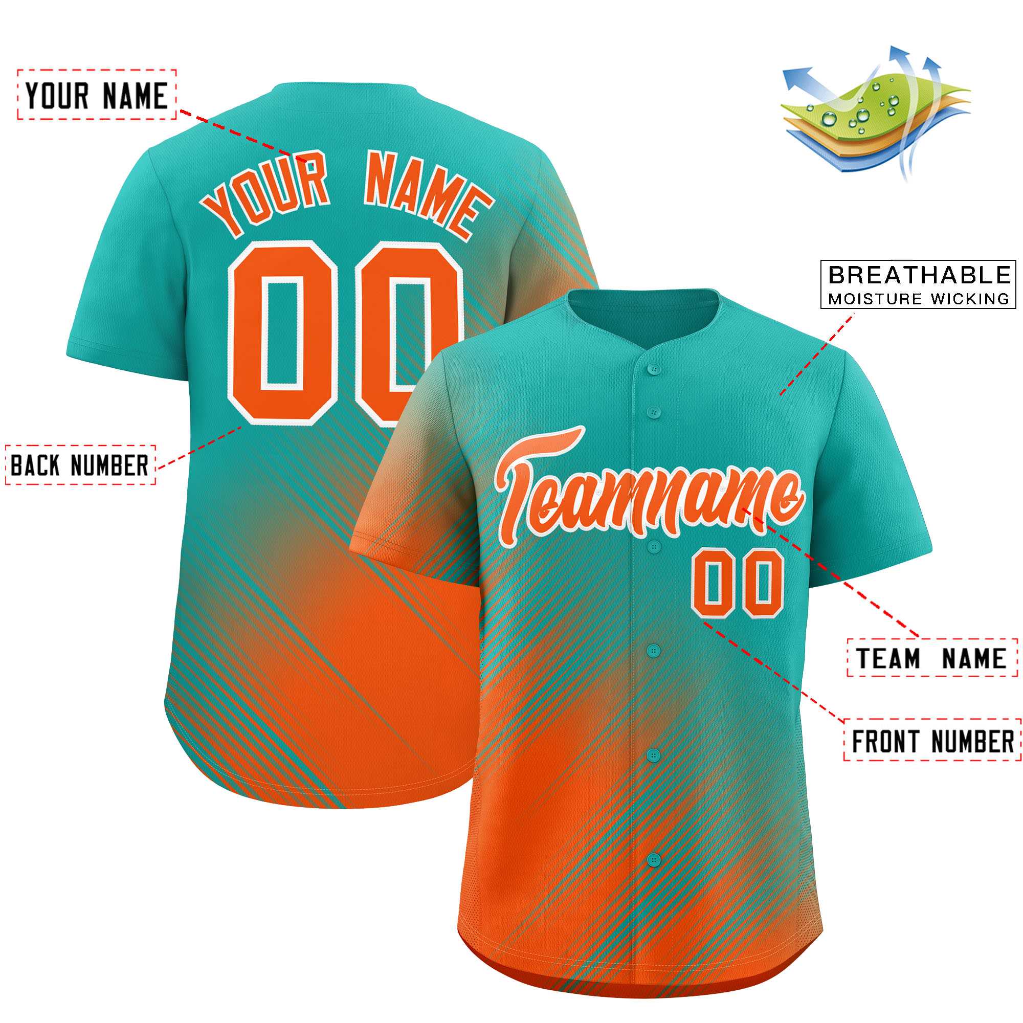 Custom Aqua Orange Diagonal Stripe Personalized Gradient Fashion Baseball Jersey