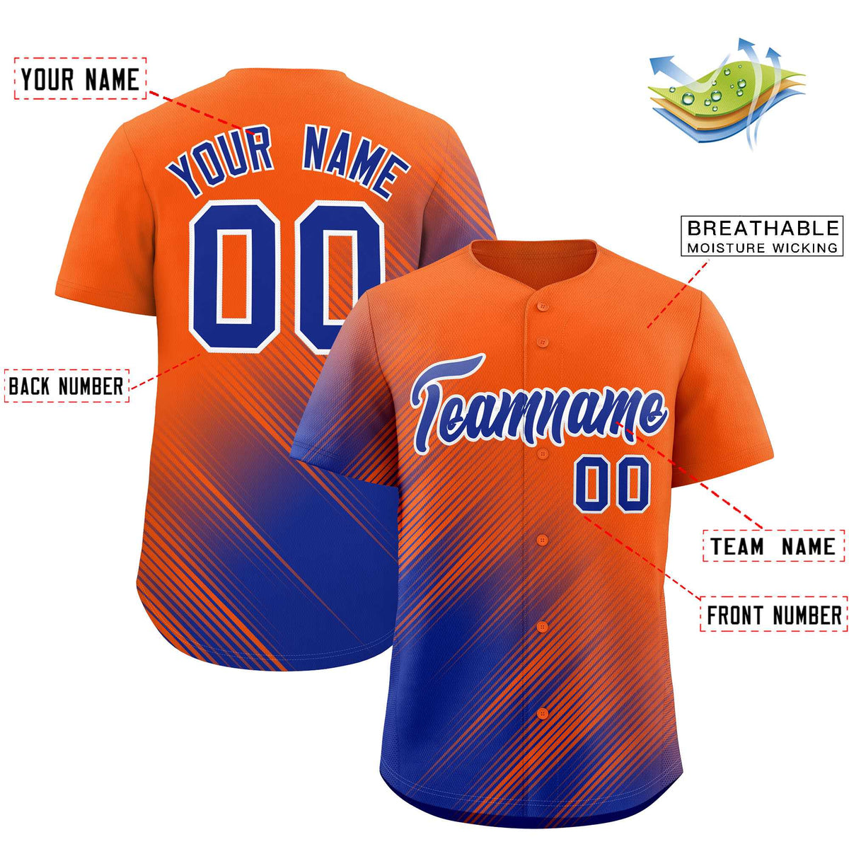 Custom Orange Royal Diagonal Stripe Personalized Gradient Fashion Baseball Jersey