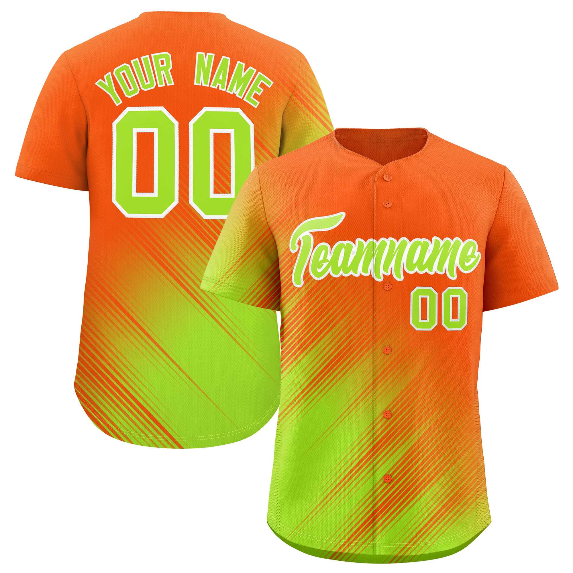 Custom Orange Neon Green Diagonal Stripe Personalized Gradient Fashion Baseball Jersey