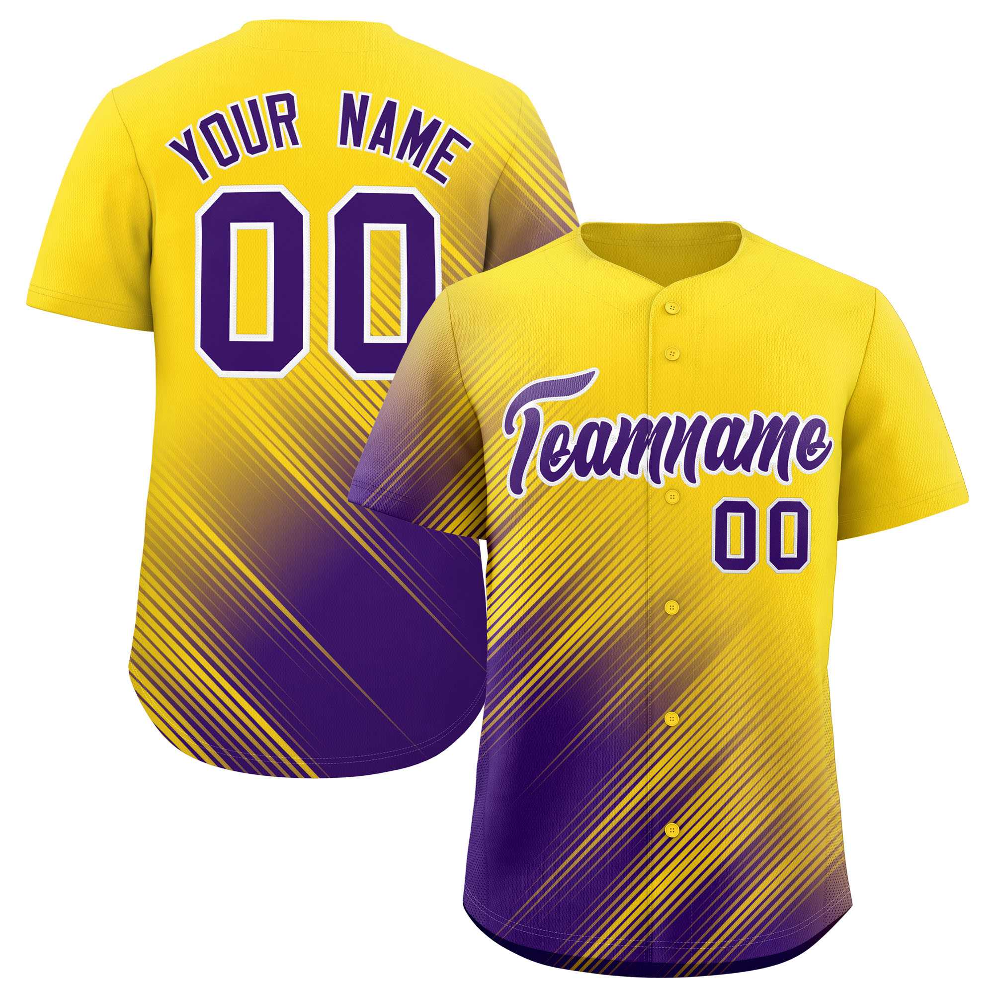 Custom Gold Purple Diagonal Stripe Personalized Gradient Fashion Baseball Jersey