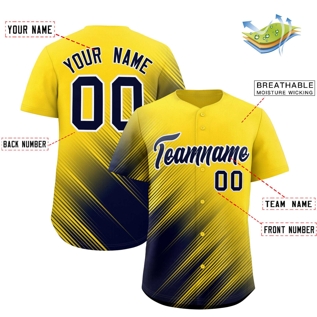 Custom Gold Navy Diagonal Stripe Personalized Gradient Fashion Baseball Jersey