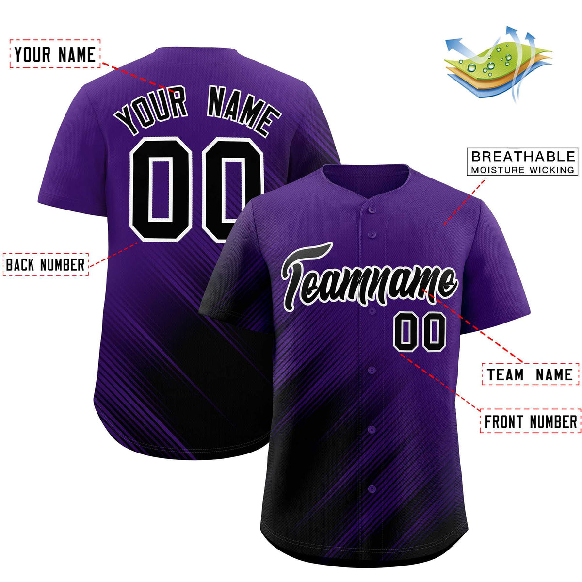 Custom Purple Black Diagonal Stripe Personalized Gradient Fashion Baseball Jersey