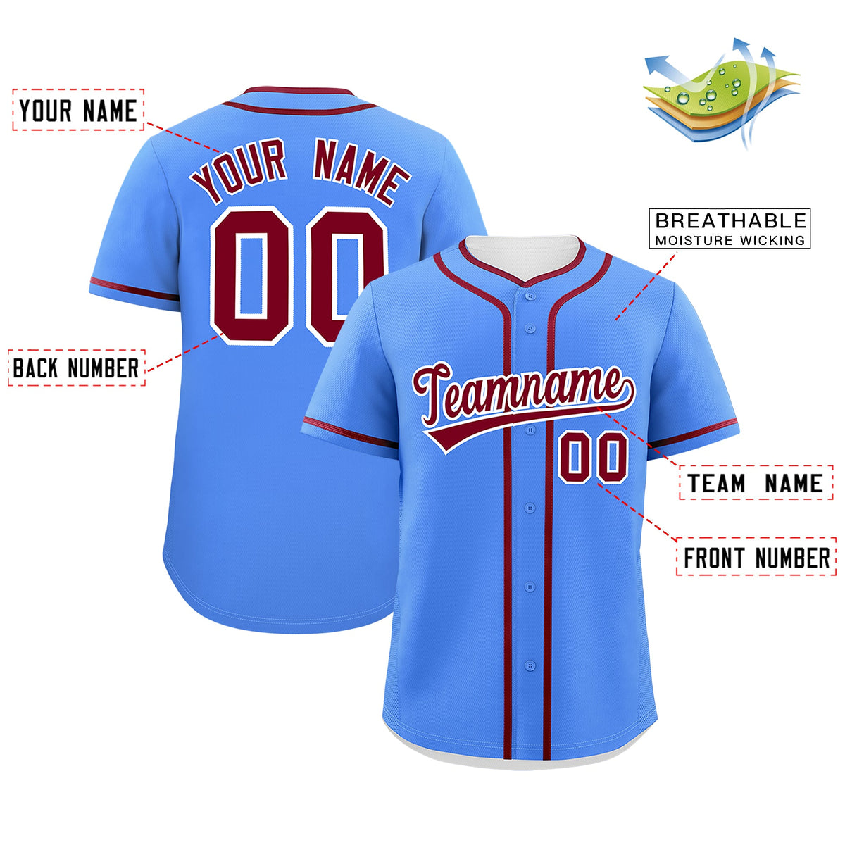 Custom Powder Blue Crimson Personalized Classic Authentic Baseball Jersey