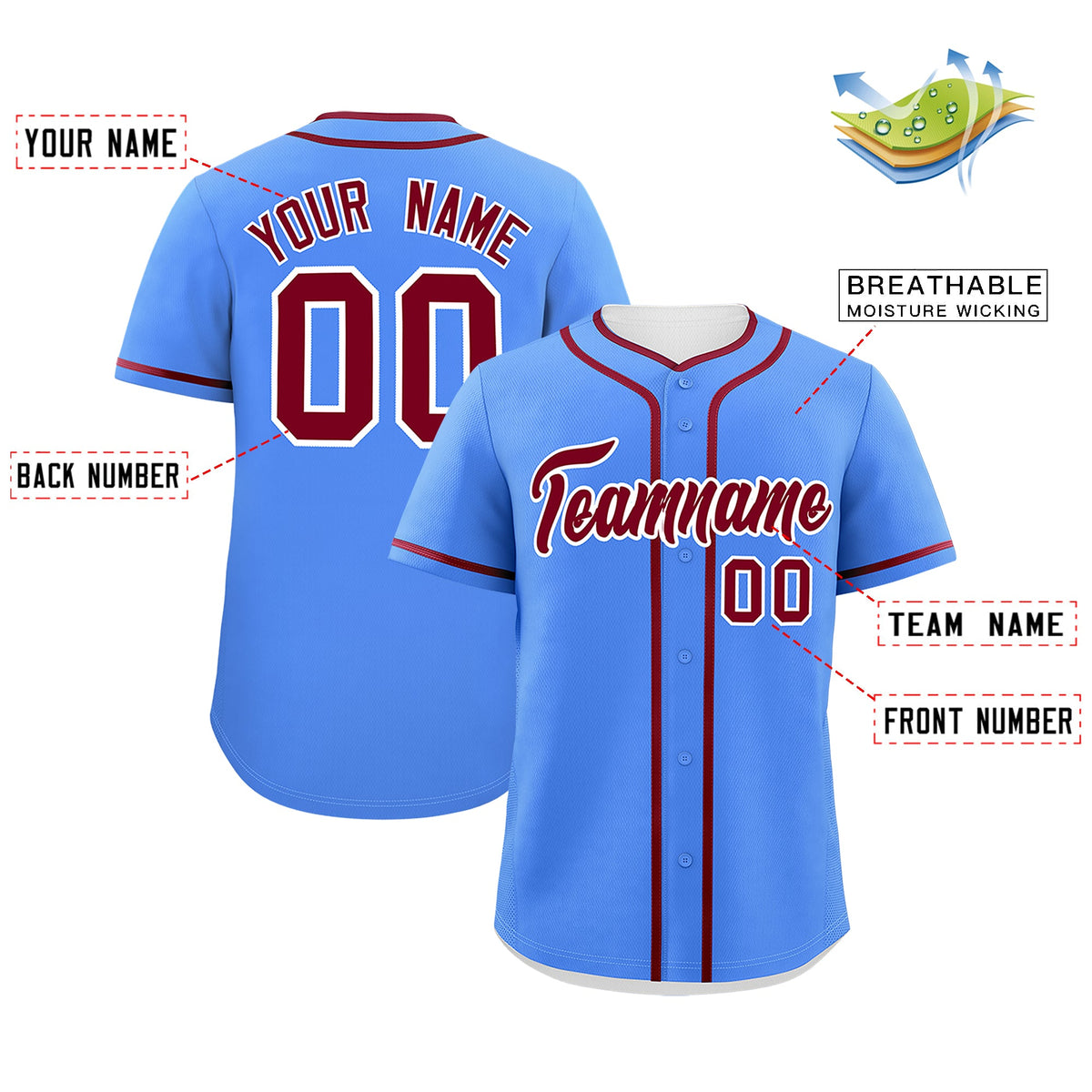Custom Powder Blue Crimson Personalized Classic Authentic Baseball Jersey