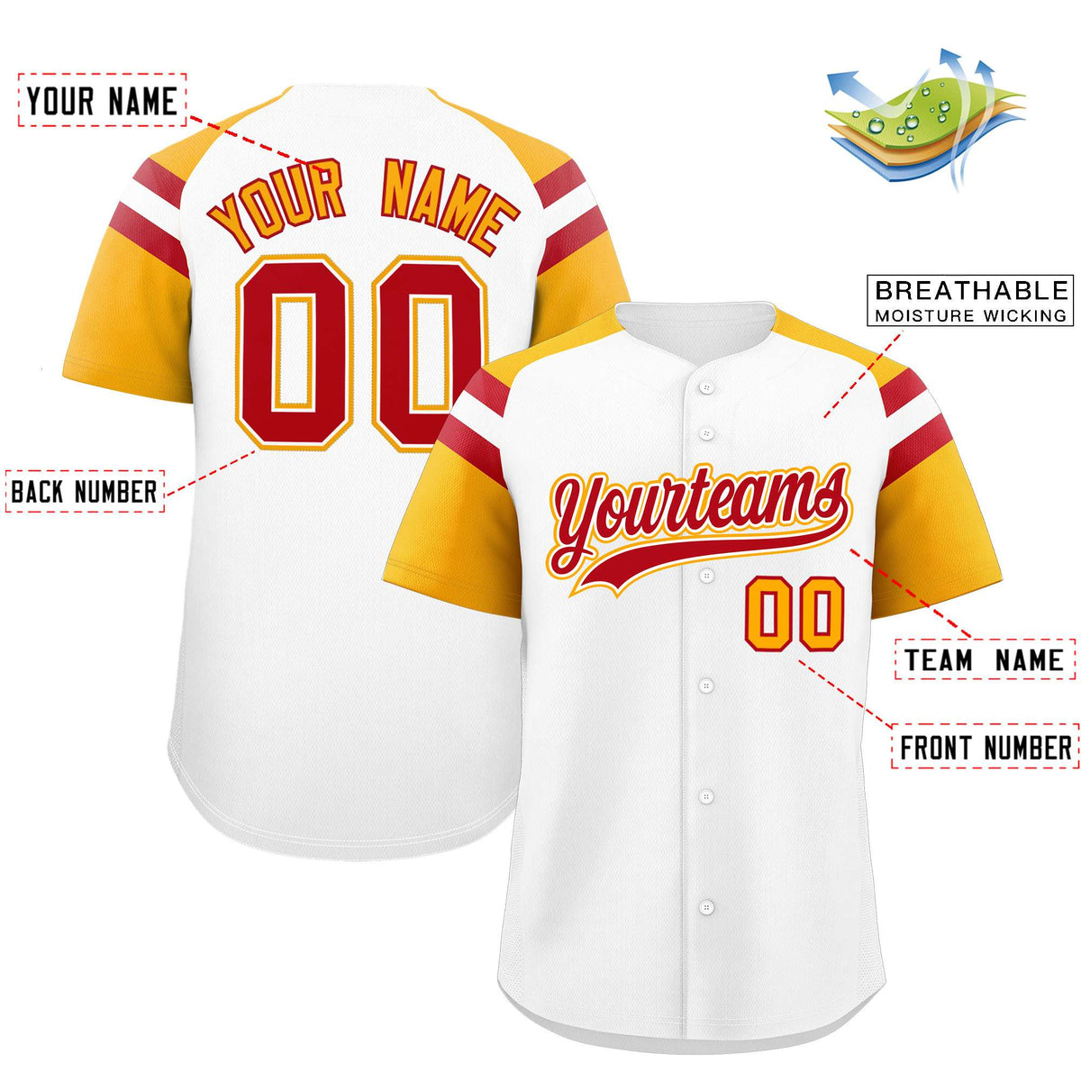 Custom White Yellow Contrast Raglan Sleeves Authentic Baseball Jersey| KXKSHOP