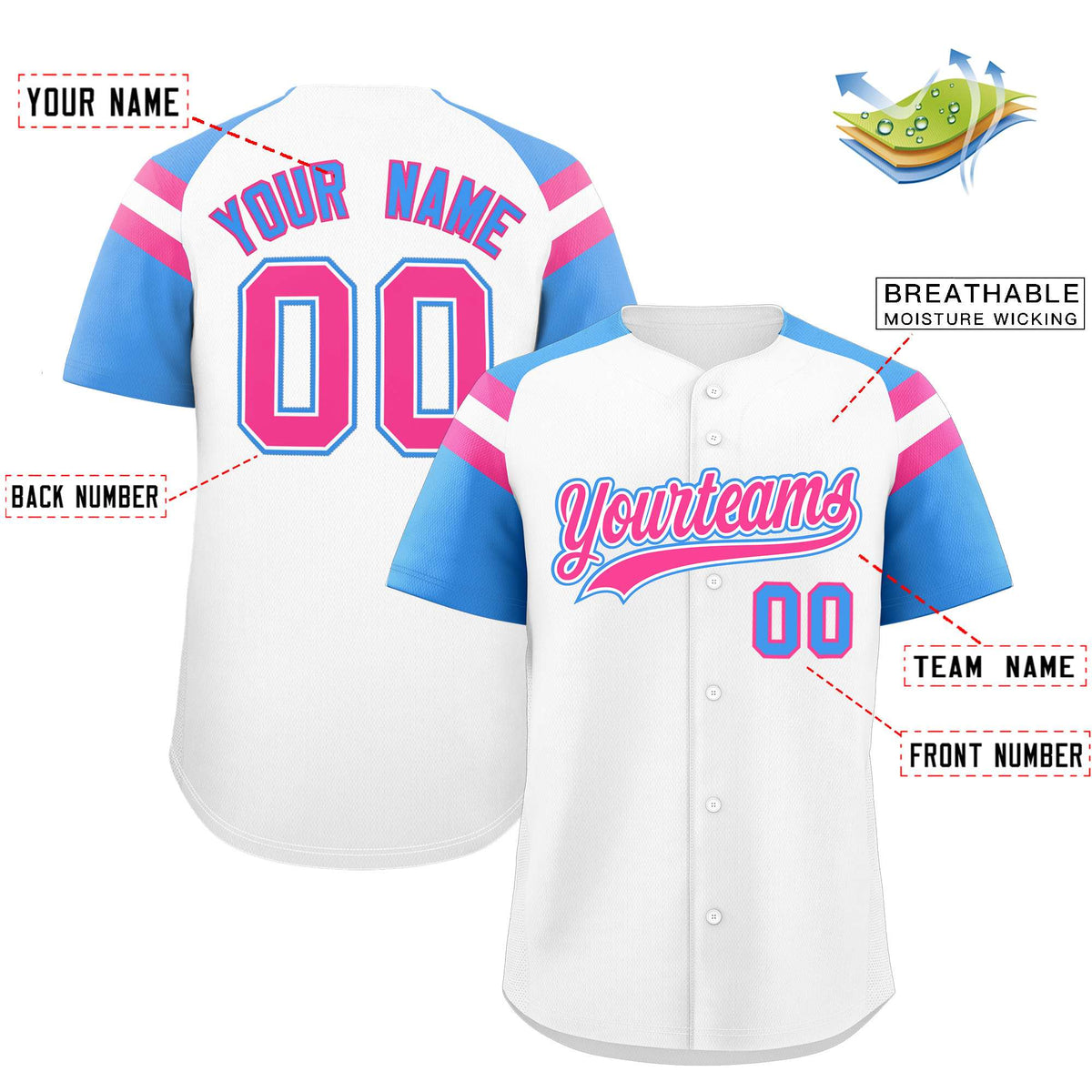 Custom White Powder Blue Contrast Raglan Sleeves Authentic Baseball Jersey| KXKSHOP