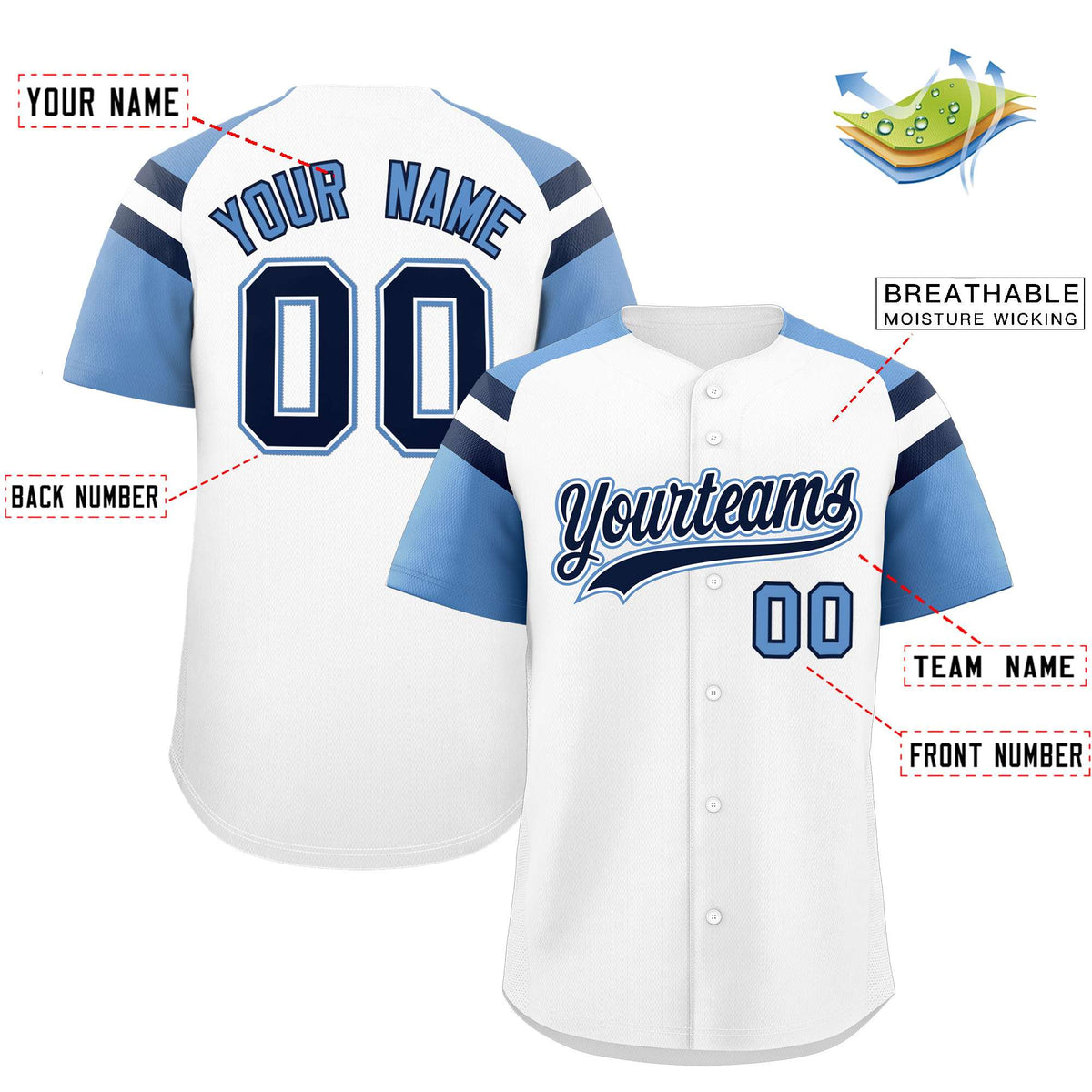 Custom White Light Blue Contrast Raglan Sleeves Authentic Baseball Jersey| KXKSHOP