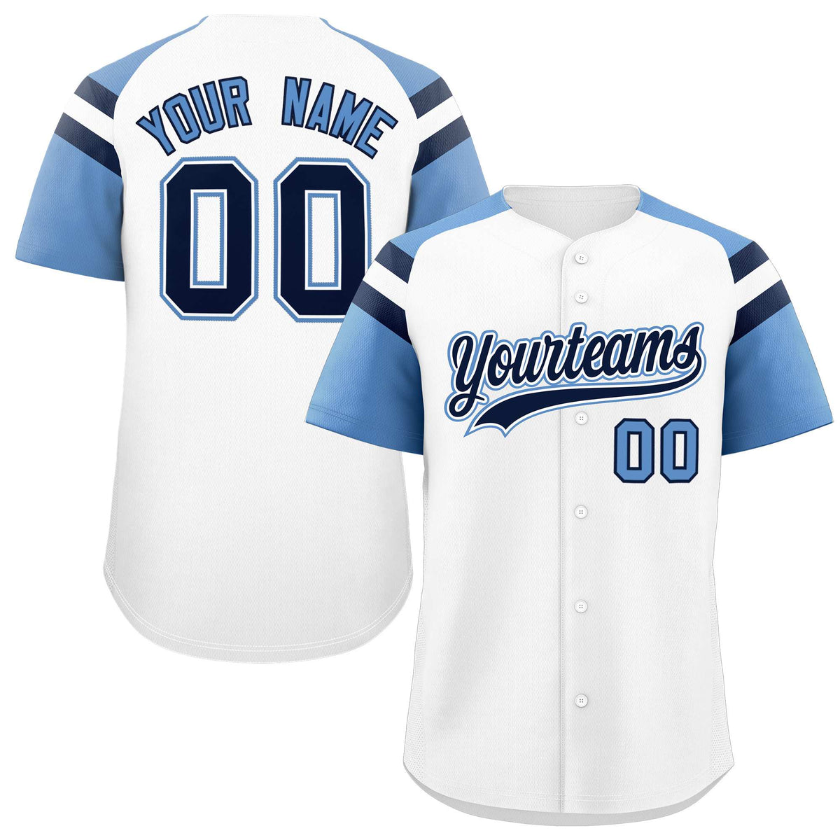Custom White Light Blue Contrast Raglan Sleeves Authentic Baseball Jersey| KXKSHOP
