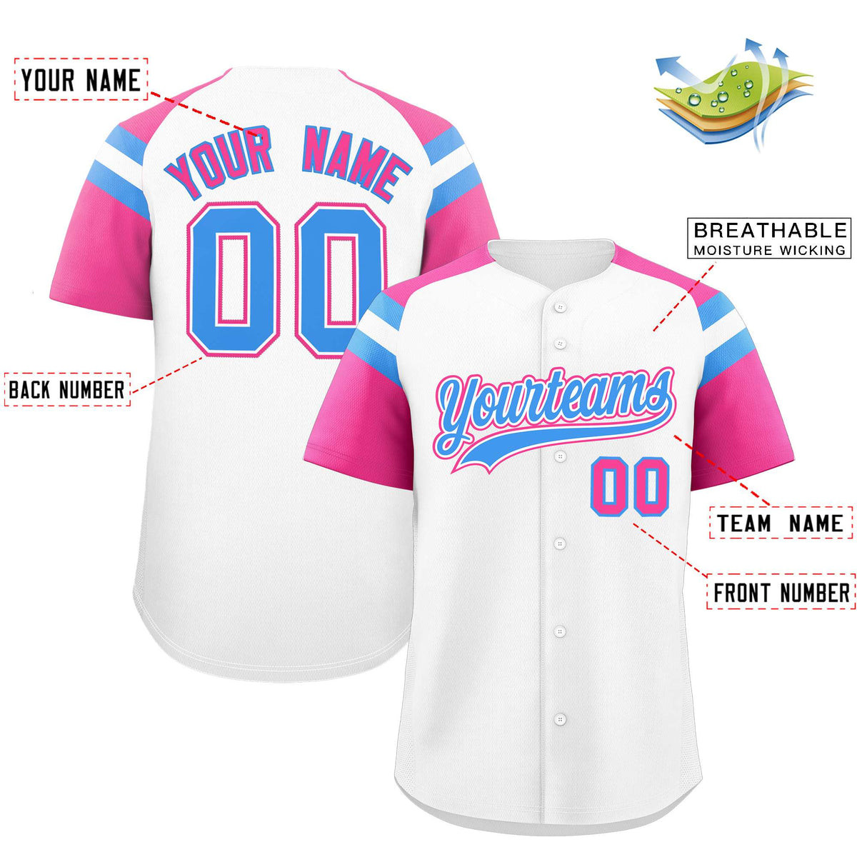 Custom White Pink Contrast Raglan Sleeves Authentic Baseball Jersey| KXKSHOP