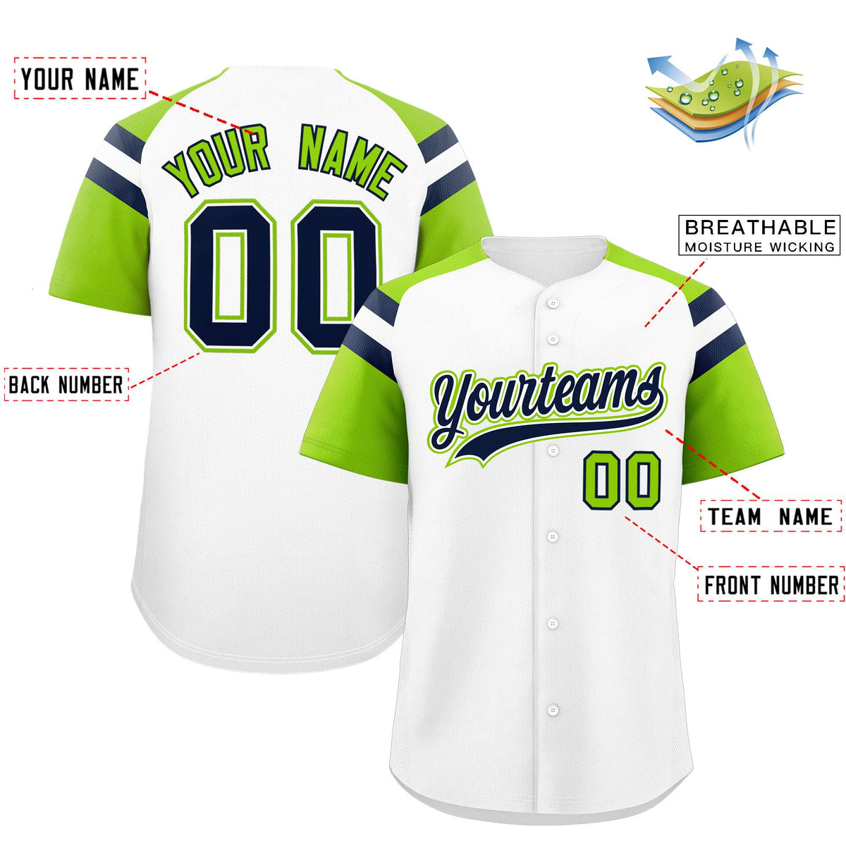 Custom White Neon Green Contrast Raglan Sleeves Authentic Baseball Jersey| KXKSHOP