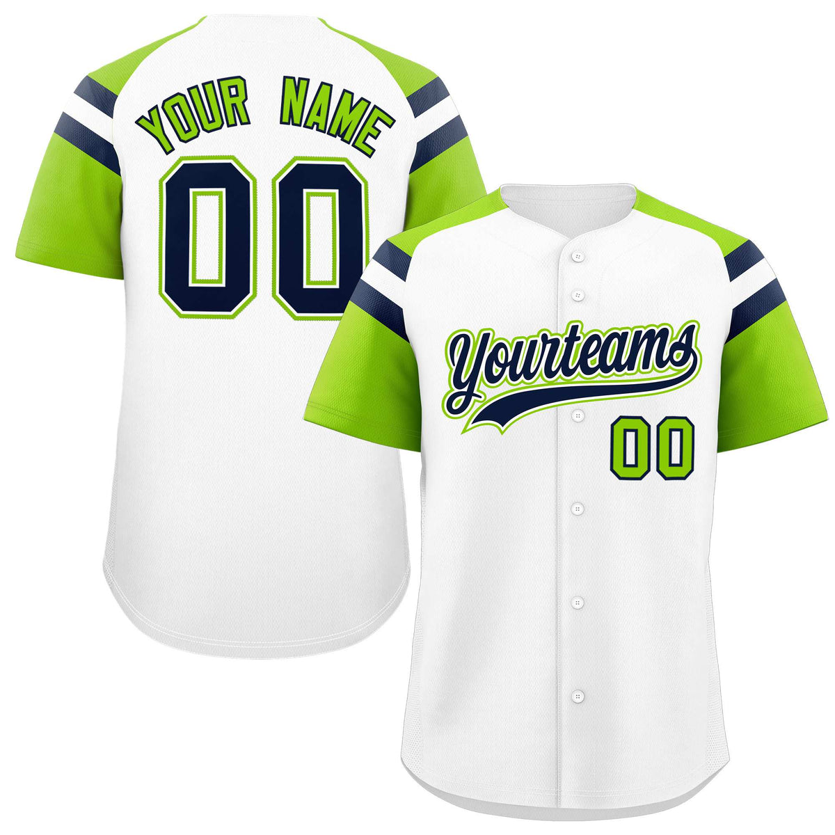 Custom White Neon Green Contrast Raglan Sleeves Authentic Baseball Jersey| KXKSHOP