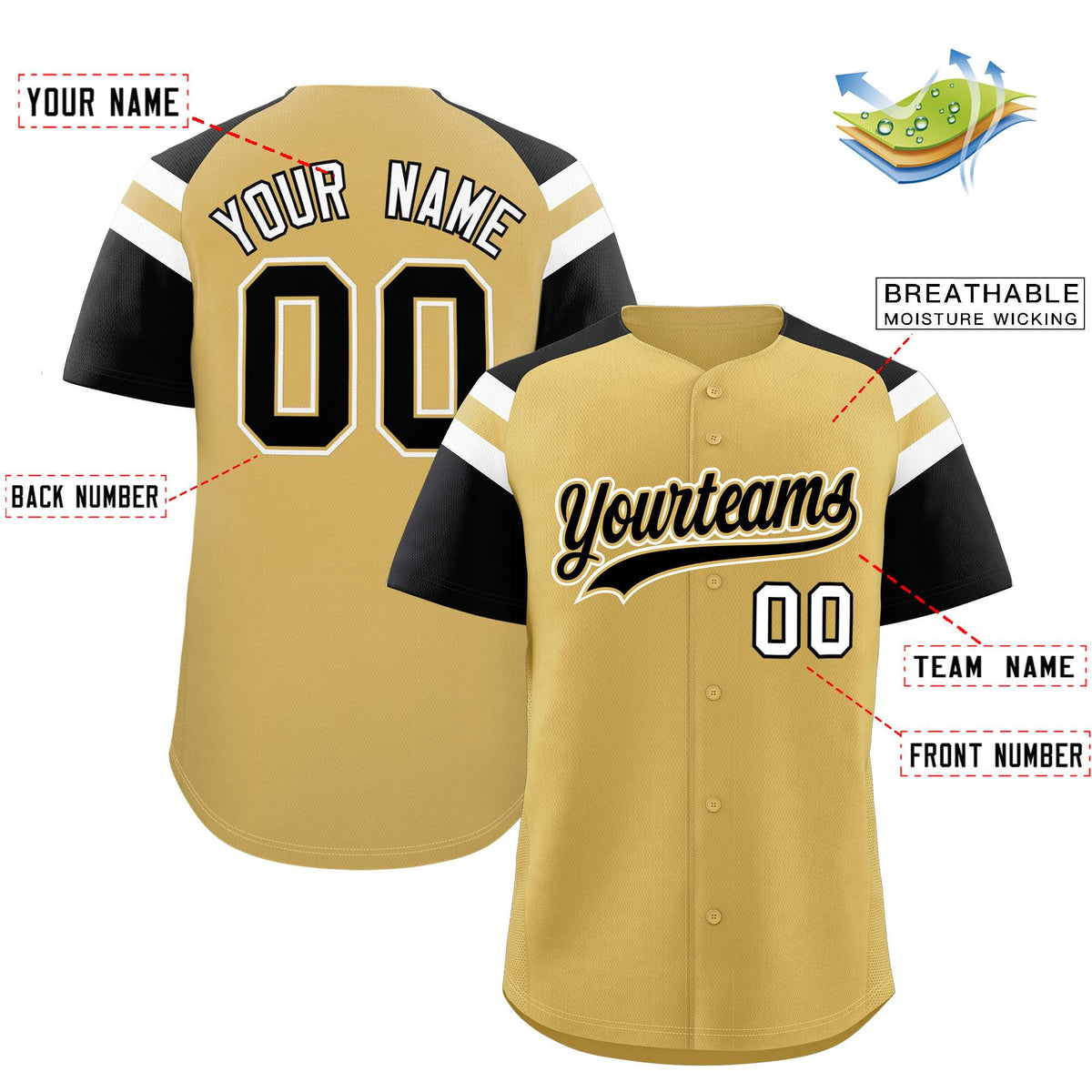 Custom Old Gold Black Contrast Raglan Sleeves Authentic Baseball Jersey| KXKSHOP