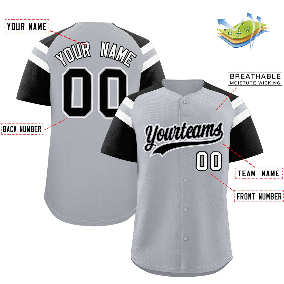 Custom Silver Black Contrast Raglan Sleeves Authentic Baseball Jersey| KXKSHOP