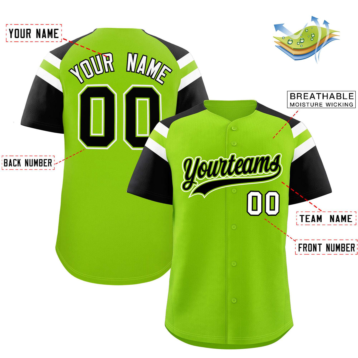 Custom Neon Green Black Contrast Raglan Sleeves Authentic Baseball Jersey| KXKSHOP