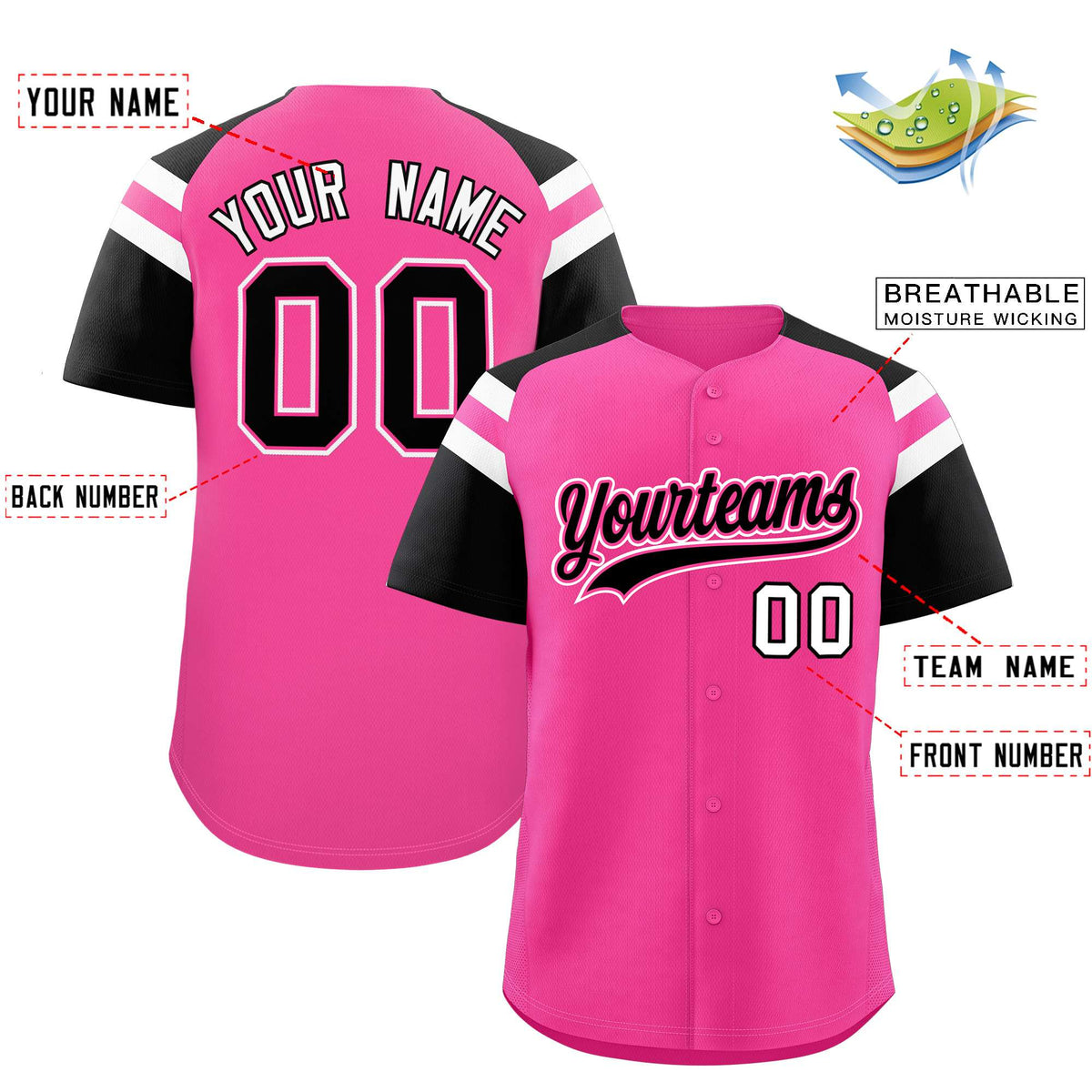 Custom Pink Black Contrast Raglan Sleeves Authentic Baseball Jersey| KXKSHOP
