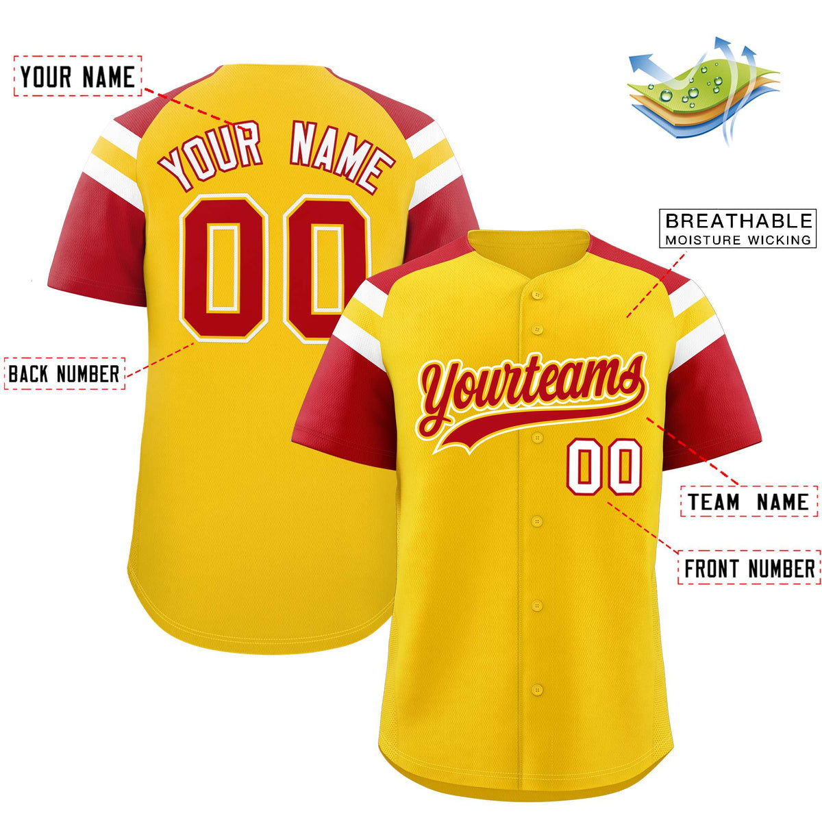 Custom Gold Red Contrast Raglan Sleeves Authentic Baseball Jersey| KXKSHOP