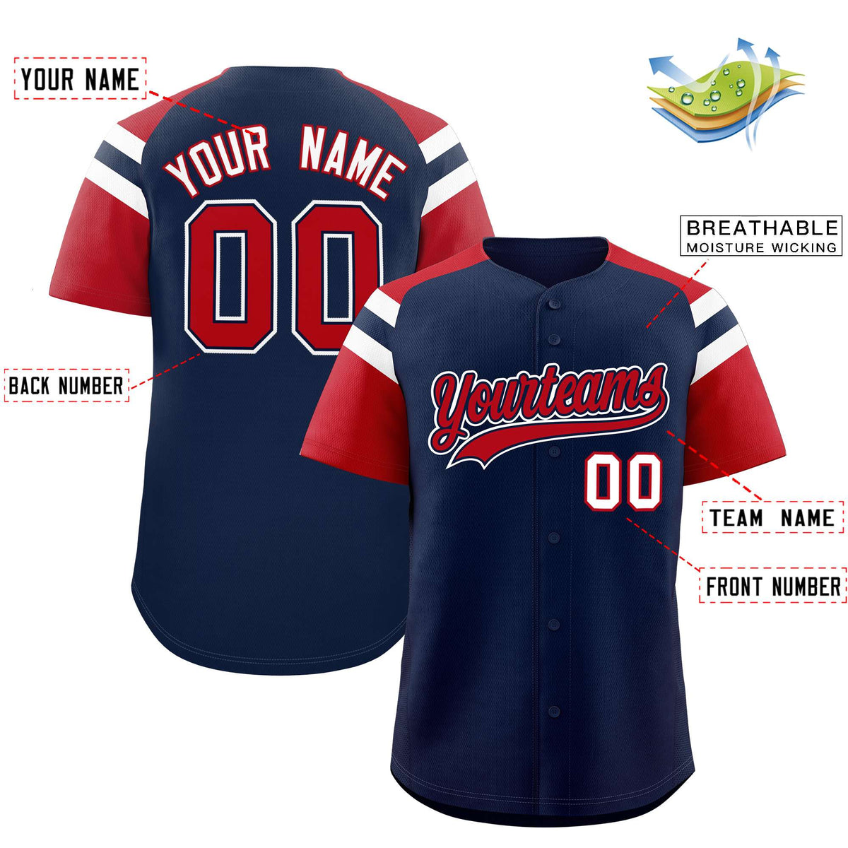 Custom Navy Red Contrast Raglan Sleeves Authentic Baseball Jersey| KXKSHOP
