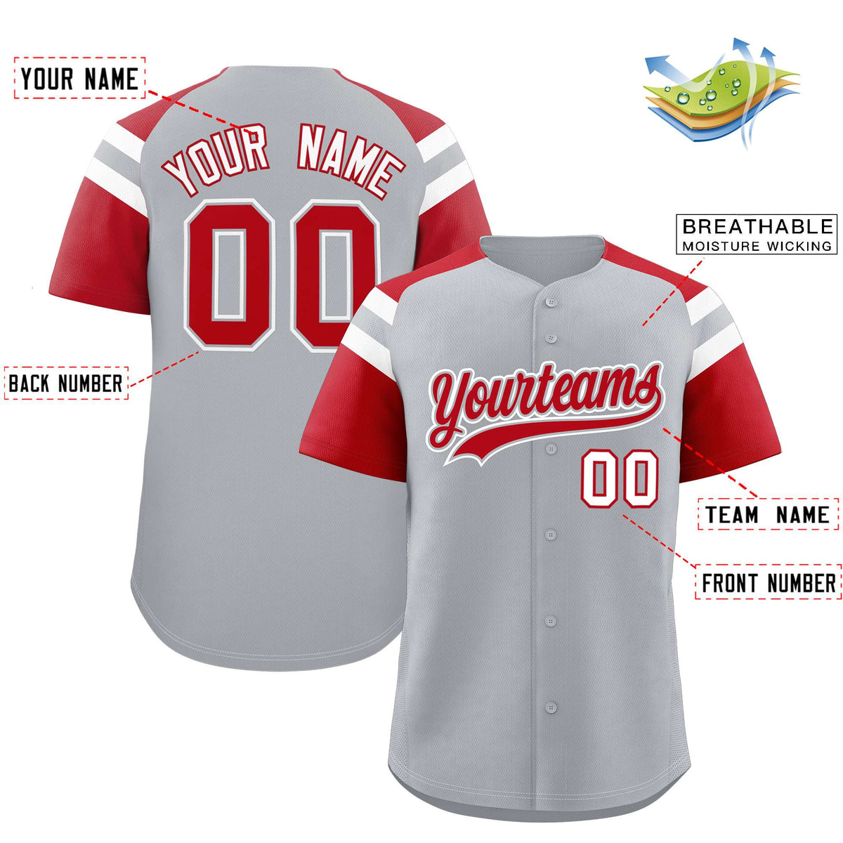 Custom Silver Red Contrast Raglan Sleeves Authentic Baseball Jersey| KXKSHOP