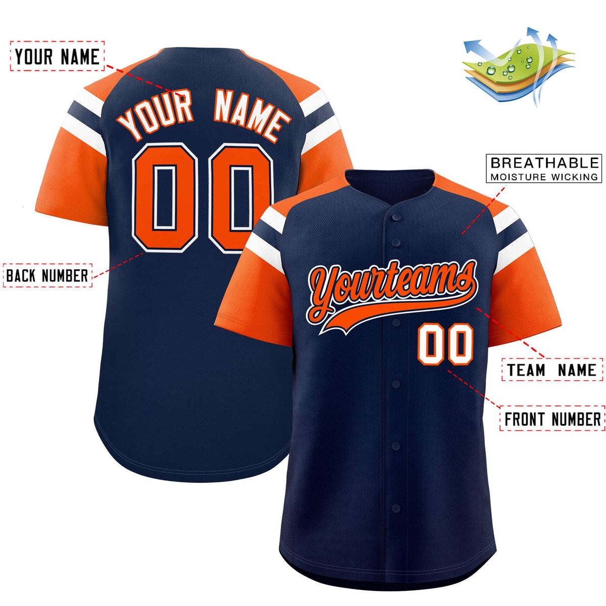 Custom Navy Orange Contrast Raglan Sleeves Authentic Baseball Jersey| KXKSHOP
