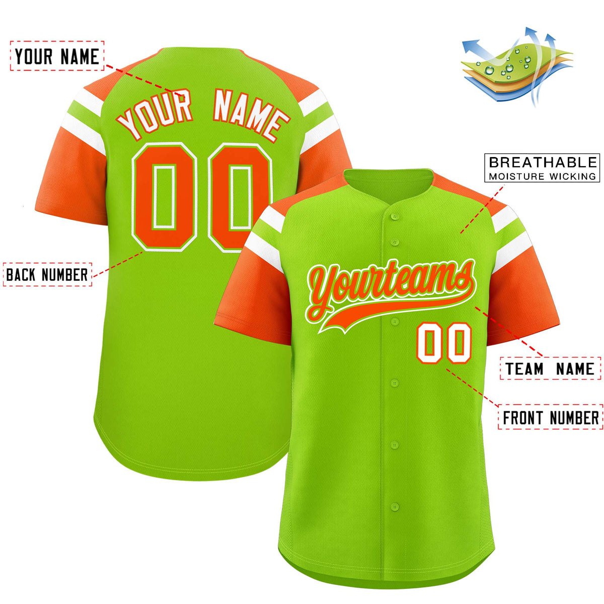 Custom Neon Green Orange Contrast Raglan Sleeves Authentic Baseball Jersey| KXKSHOP
