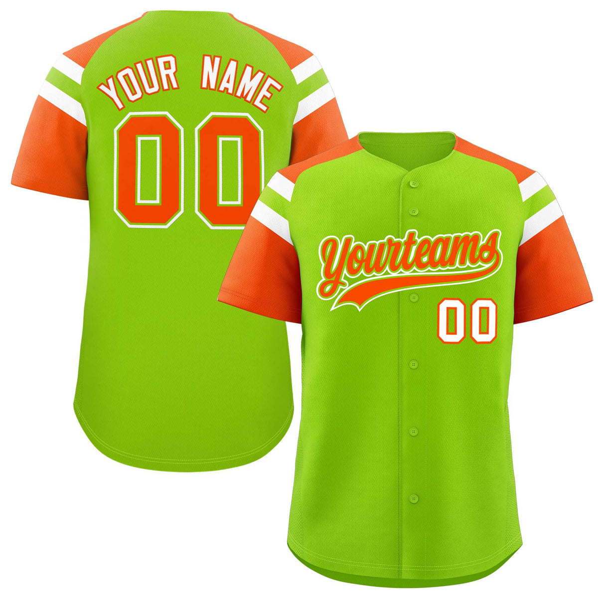 Custom Neon Green Orange Contrast Raglan Sleeves Authentic Baseball Jersey| KXKSHOP