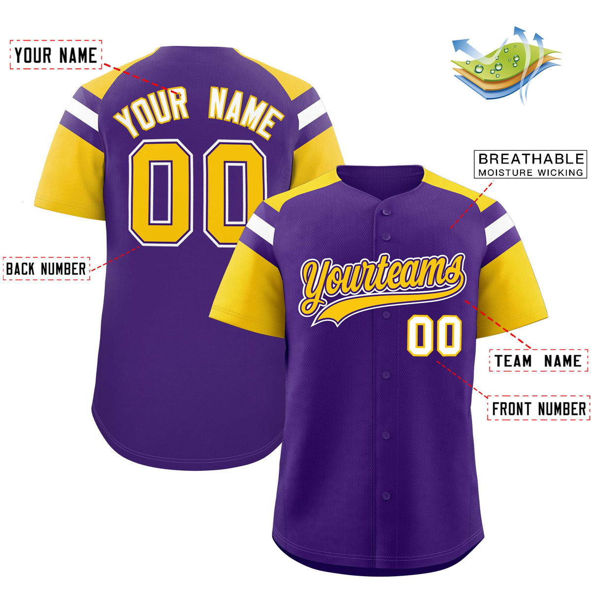 Custom Purple Gold Contrast Raglan Sleeves Authentic Baseball Jersey| KXKSHOP