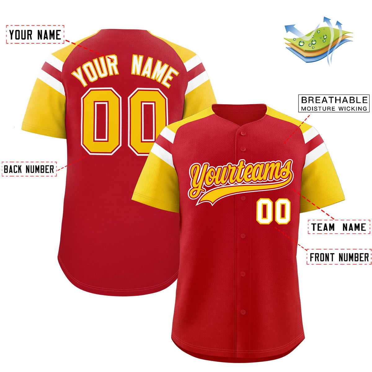 Custom Red Gold Contrast Raglan Sleeves Authentic Baseball Jersey| KXKSHOP