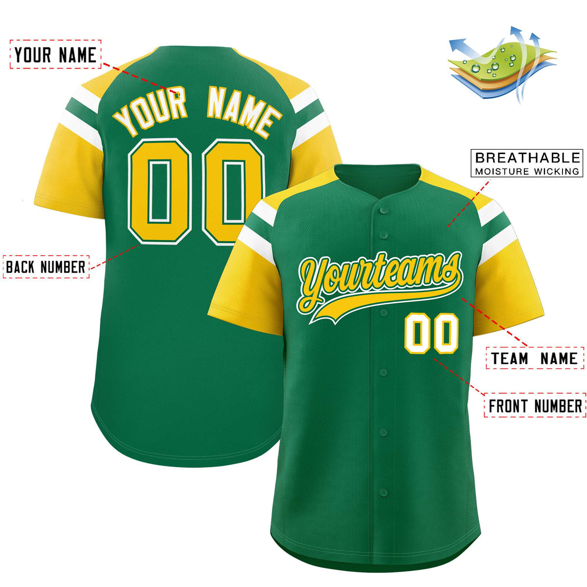 Custom Kelly Green Gold Contrast Raglan Sleeves Authentic Baseball Jersey| KXKSHOP