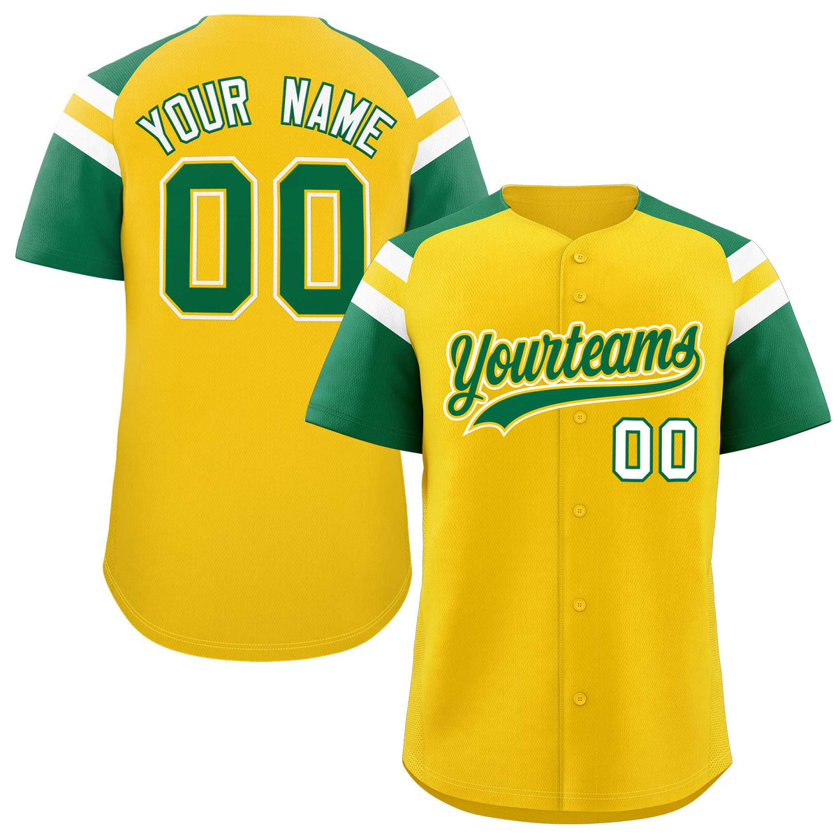 Custom Gold Kelly Green Contrast Raglan Sleeves Authentic Baseball Jersey| KXKSHOP