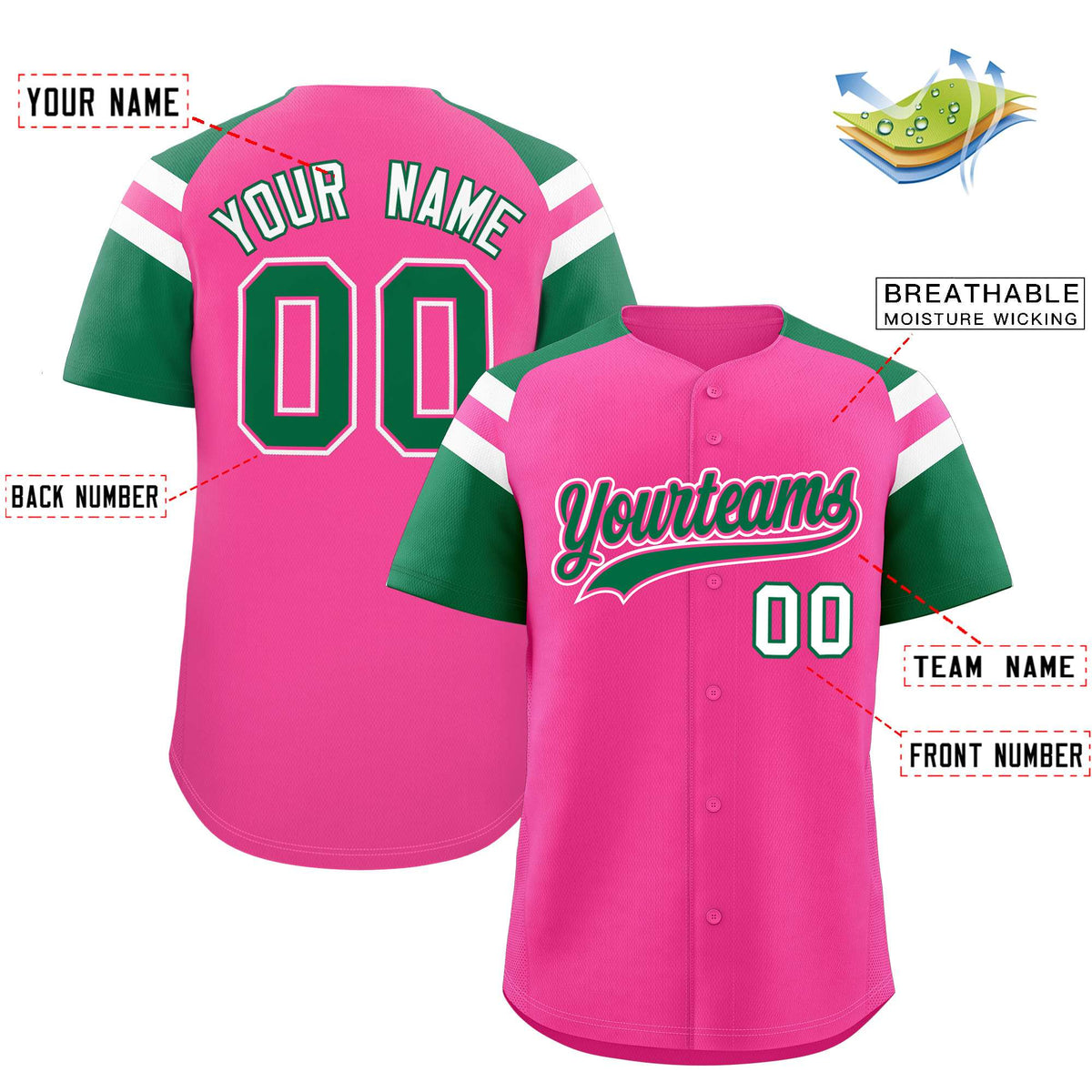 Custom Pink Kelly Green Contrast Raglan Sleeves Authentic Baseball Jersey| KXKSHOP