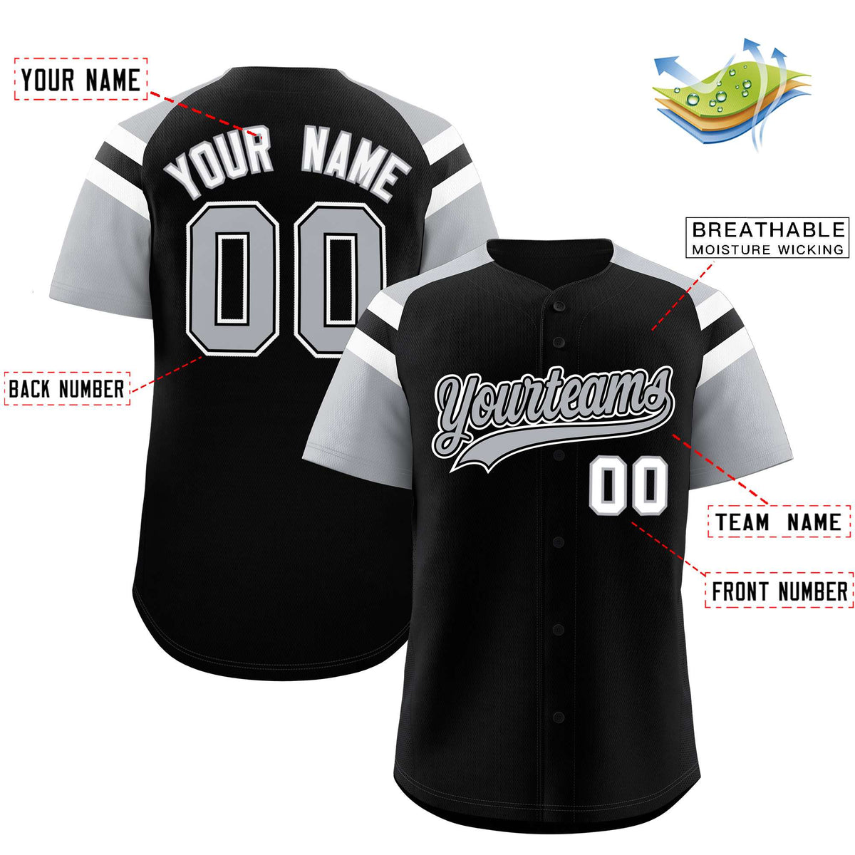 Custom Black Silver Contrast Raglan Sleeves Authentic Baseball Jersey| KXKSHOP