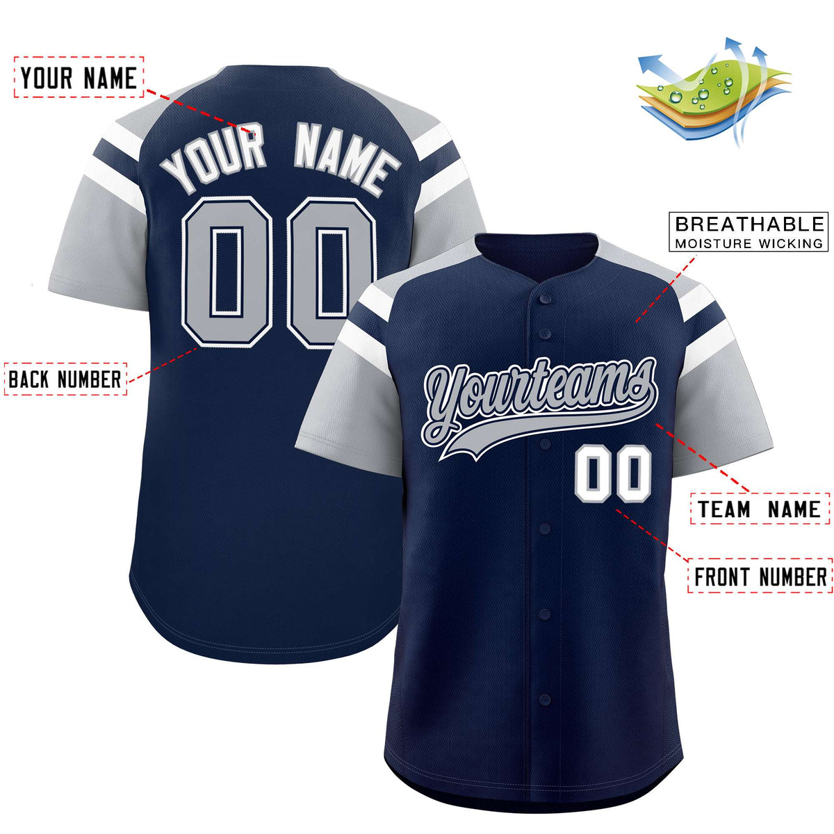 Custom Navy Silver Contrast Raglan Sleeves Authentic Baseball Jersey| KXKSHOP
